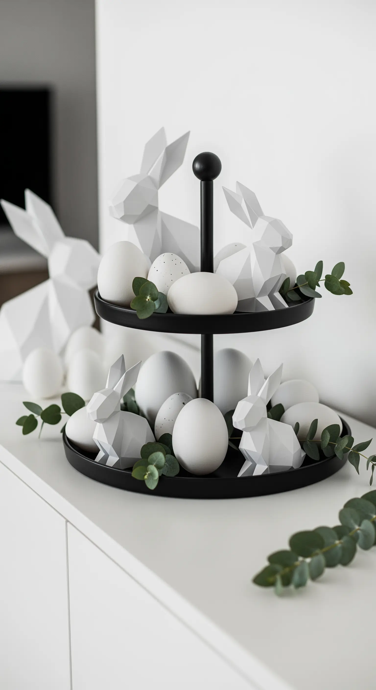 Schwarze Etagere mit weißen geometrischen Hasen