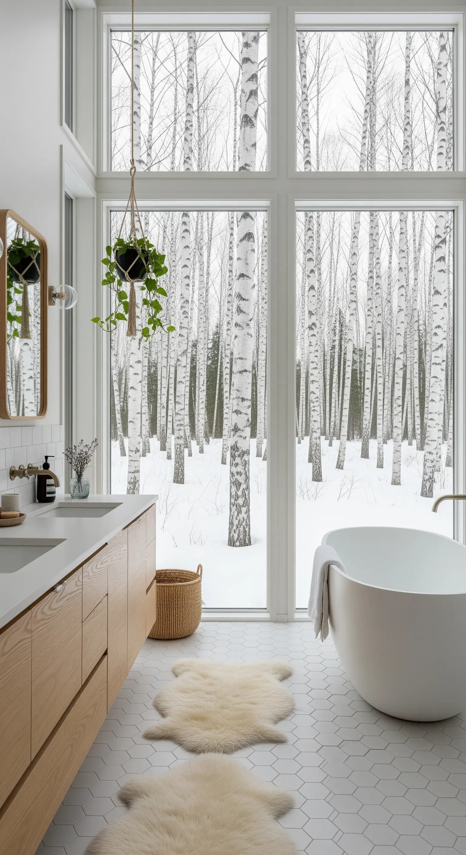 Helles skandinavisches Bad mit Birkenwald-Blick und Hängepflanze