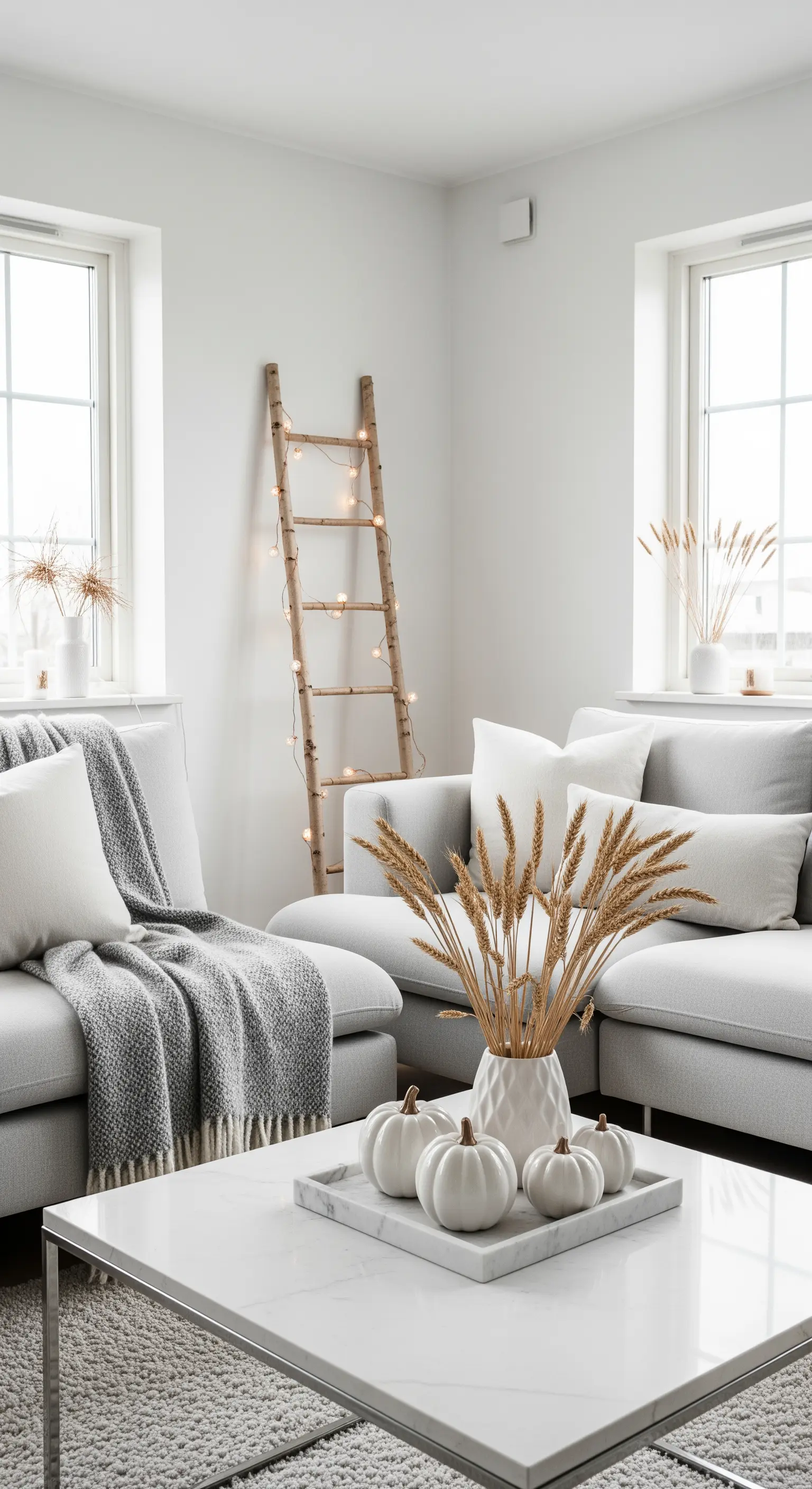 Helles Wohnzimmer mit Holzleiter, Lichterkette und weißer Kürbis-Deko auf Marmortisch