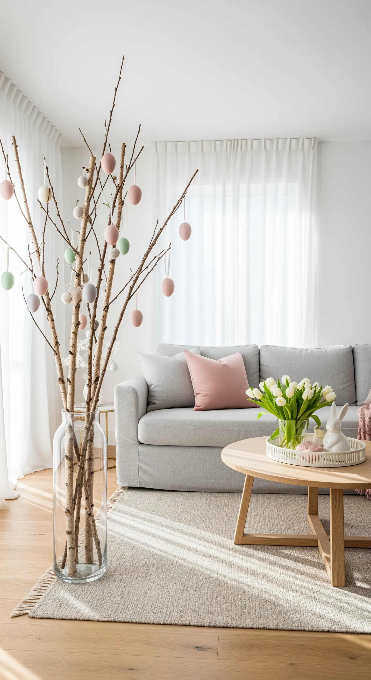 Hohe Bodenvase mit Birkenzweigen und pastellfarbenen Ostereiern