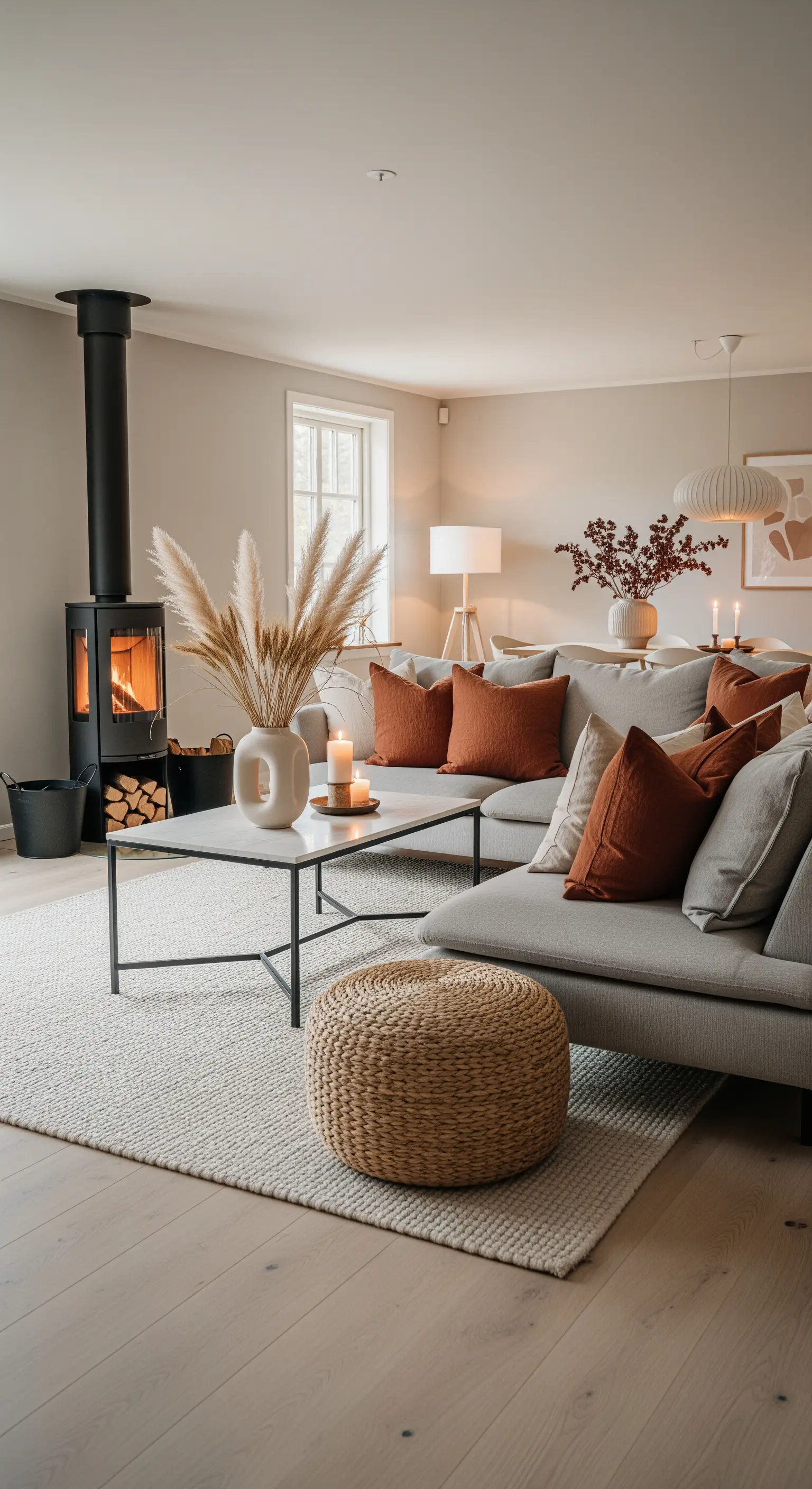 Moderner Kaminofen mit rostfarbenen Kissen und Trockenblumen