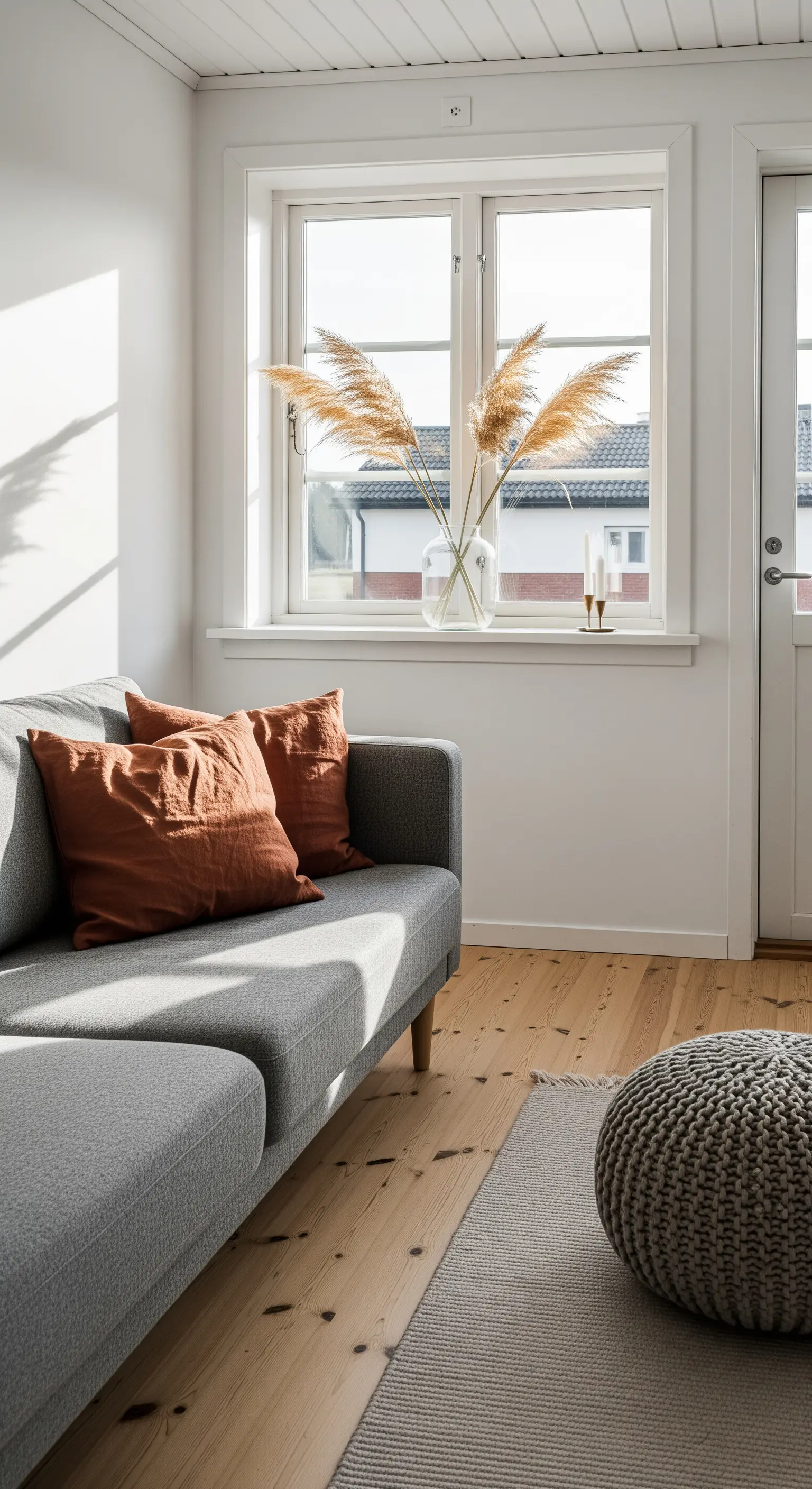 Graues Sofa mit rostroten Kissen