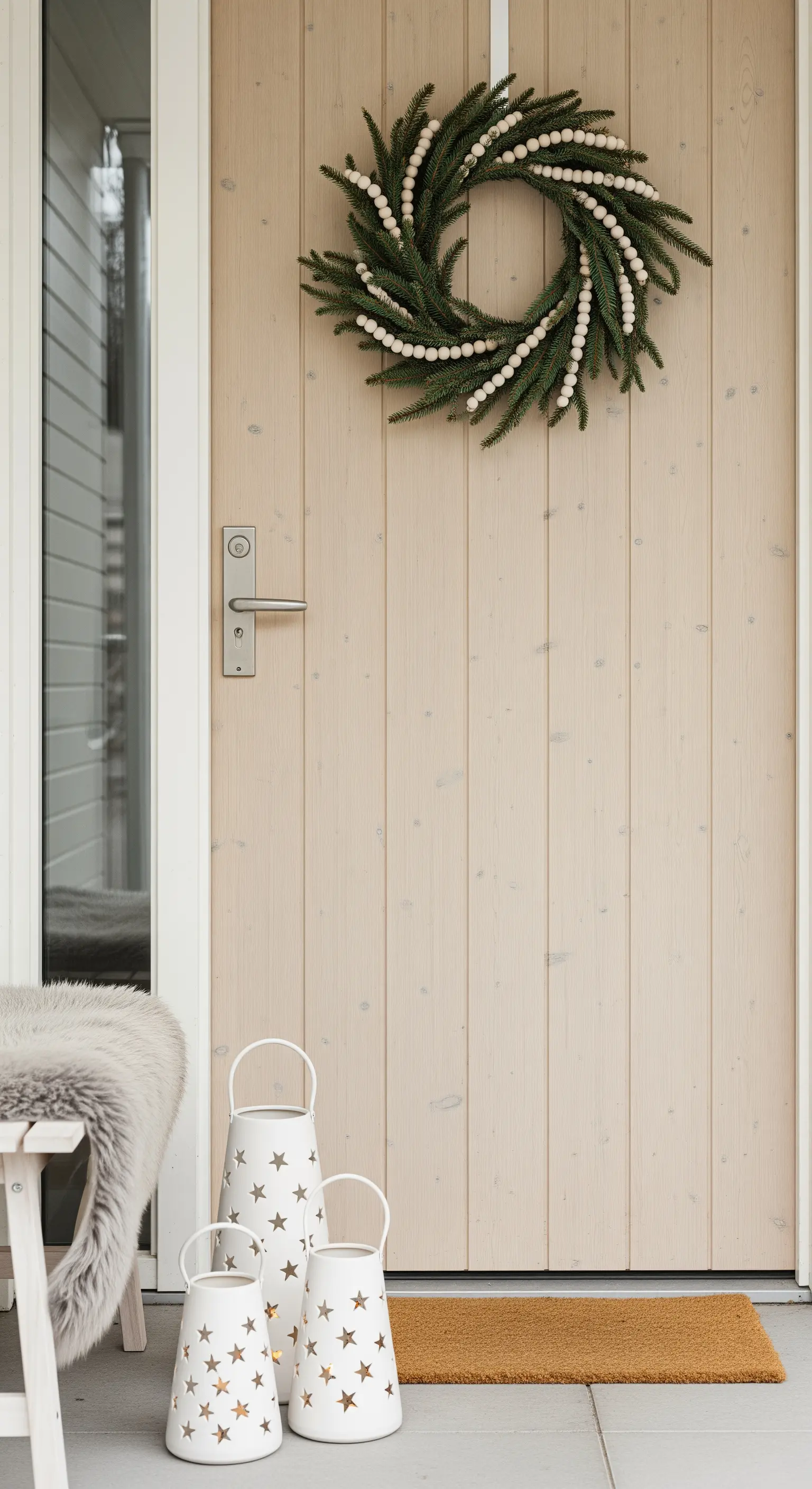 Helle Holztür mit schlichtem Kranz und weißen Laternen