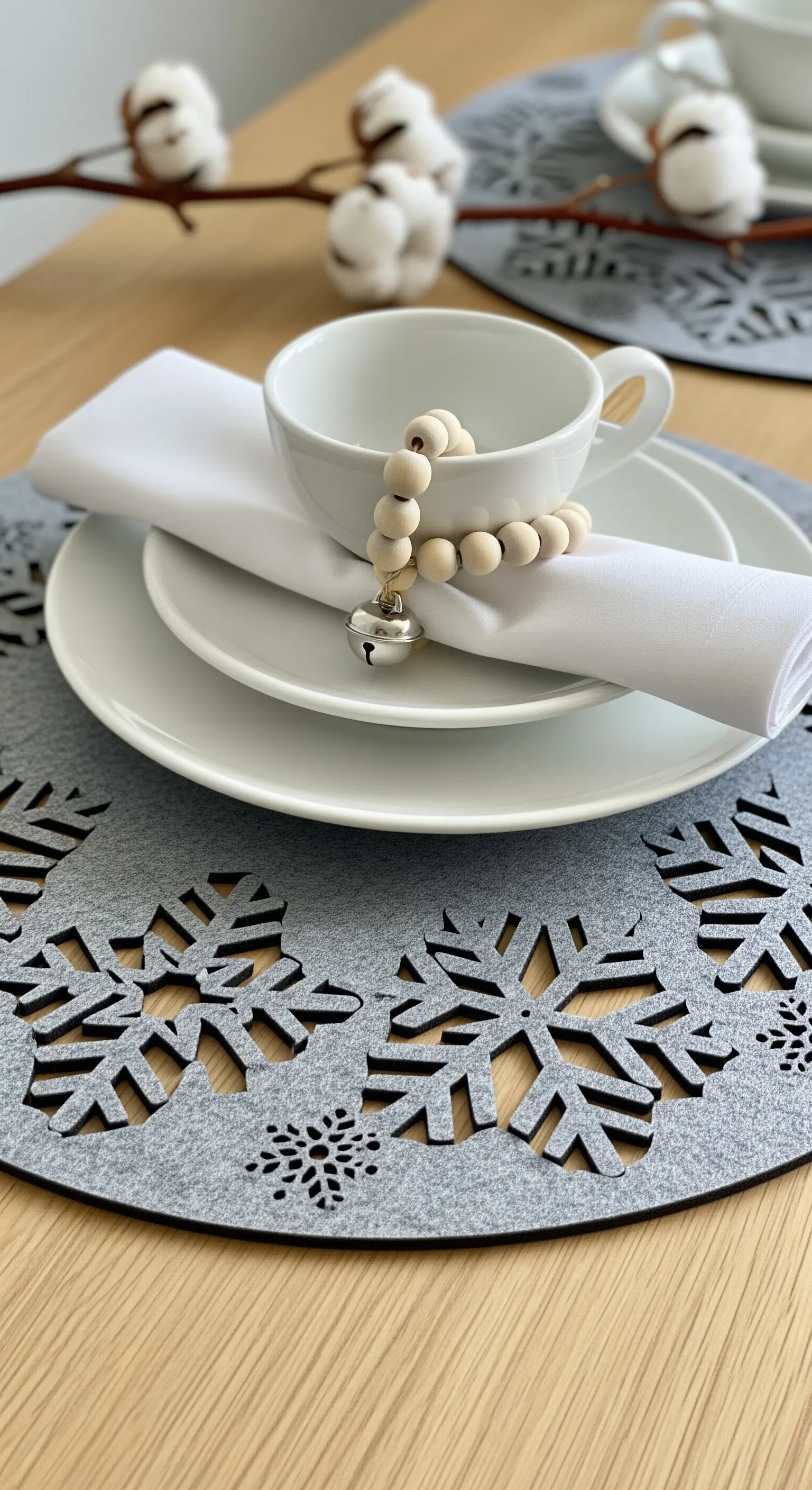 Filzplatzset mit Schneeflocken und Holzperlen-Ring