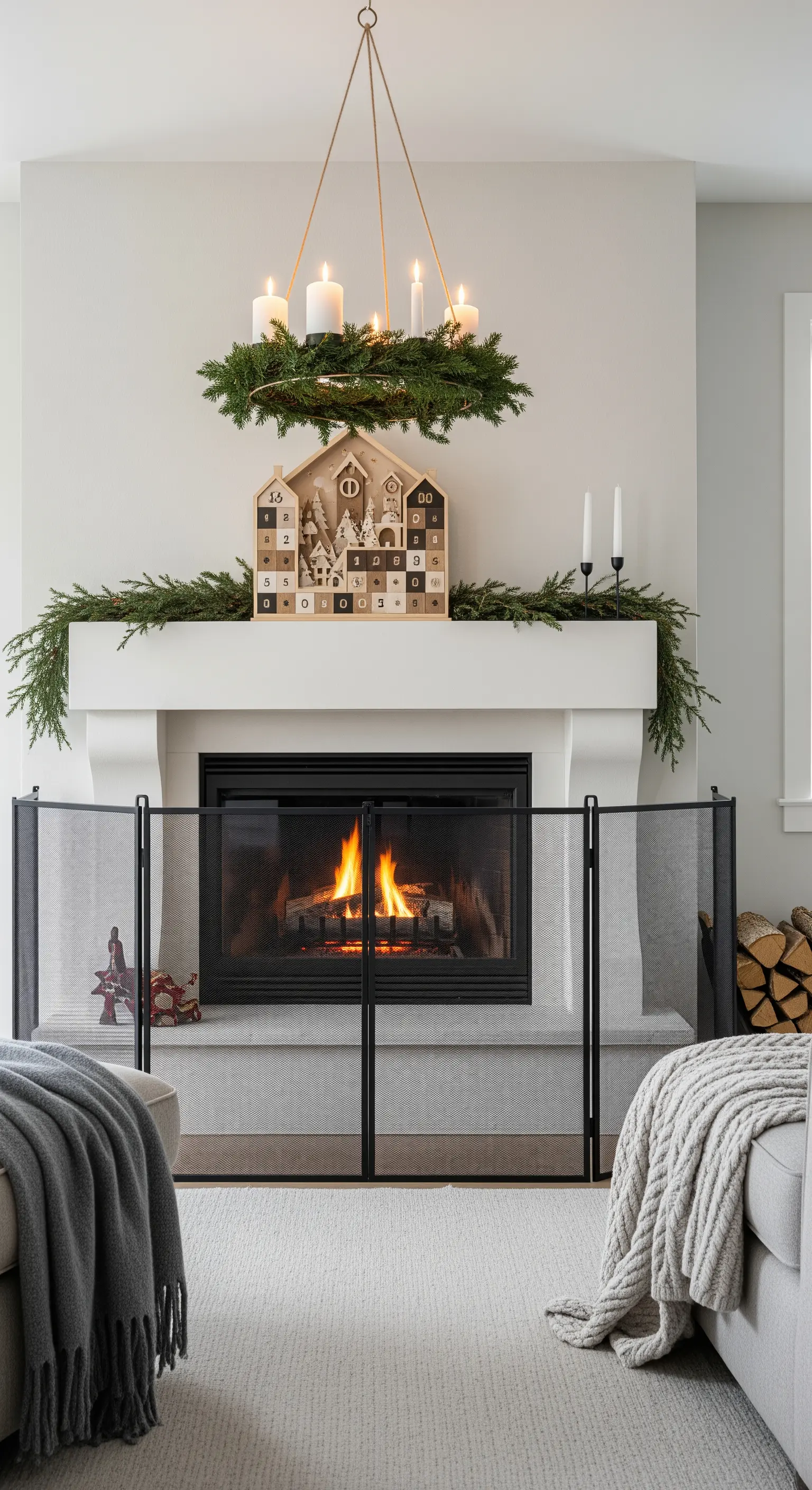 Hölzernes Adventskalender-Haus auf Sims unter hängendem Kranz