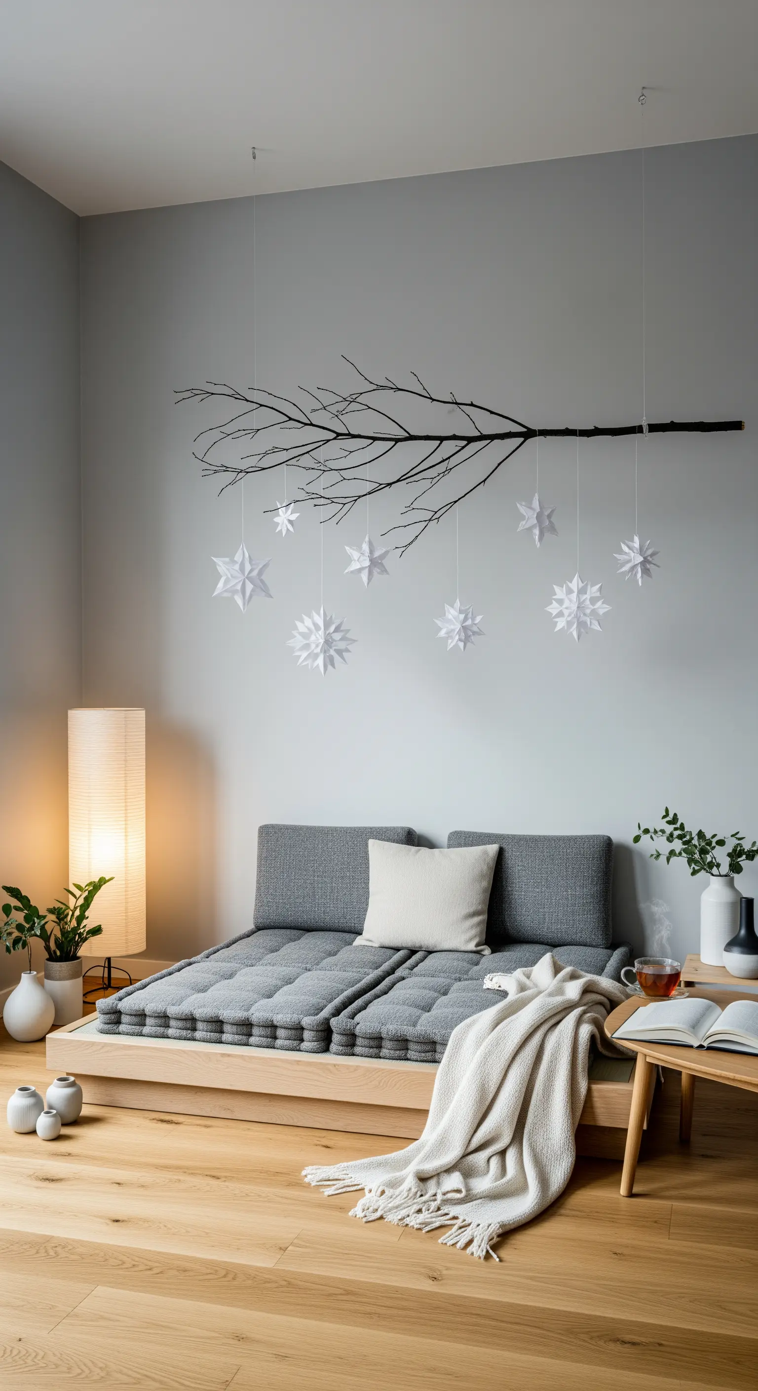 Niedriges Daybed mit Ast an der Wand, an dem Papiersterne hängen