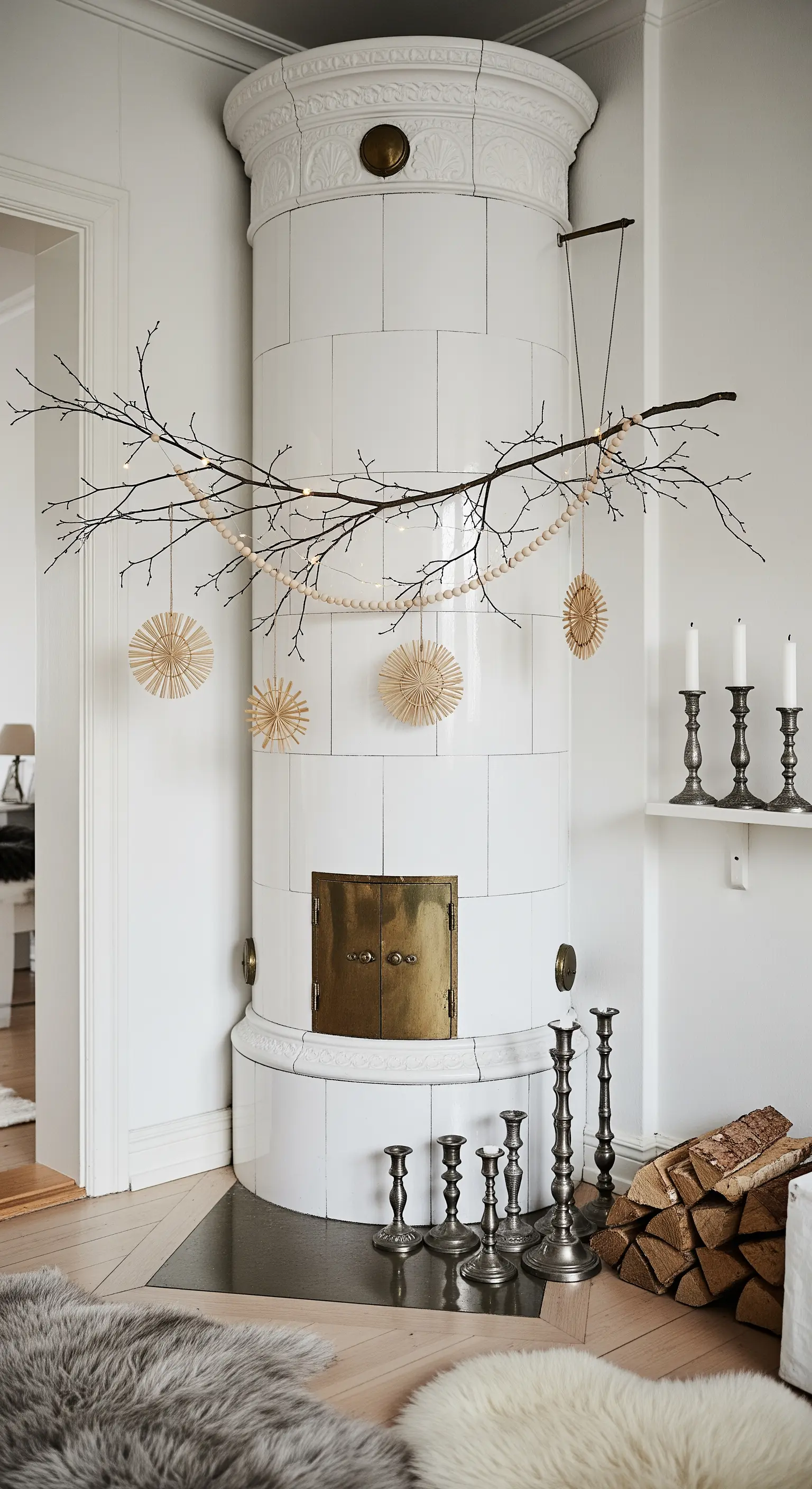 Weißer Kachelofen mit hängendem Ast und Strohsternen