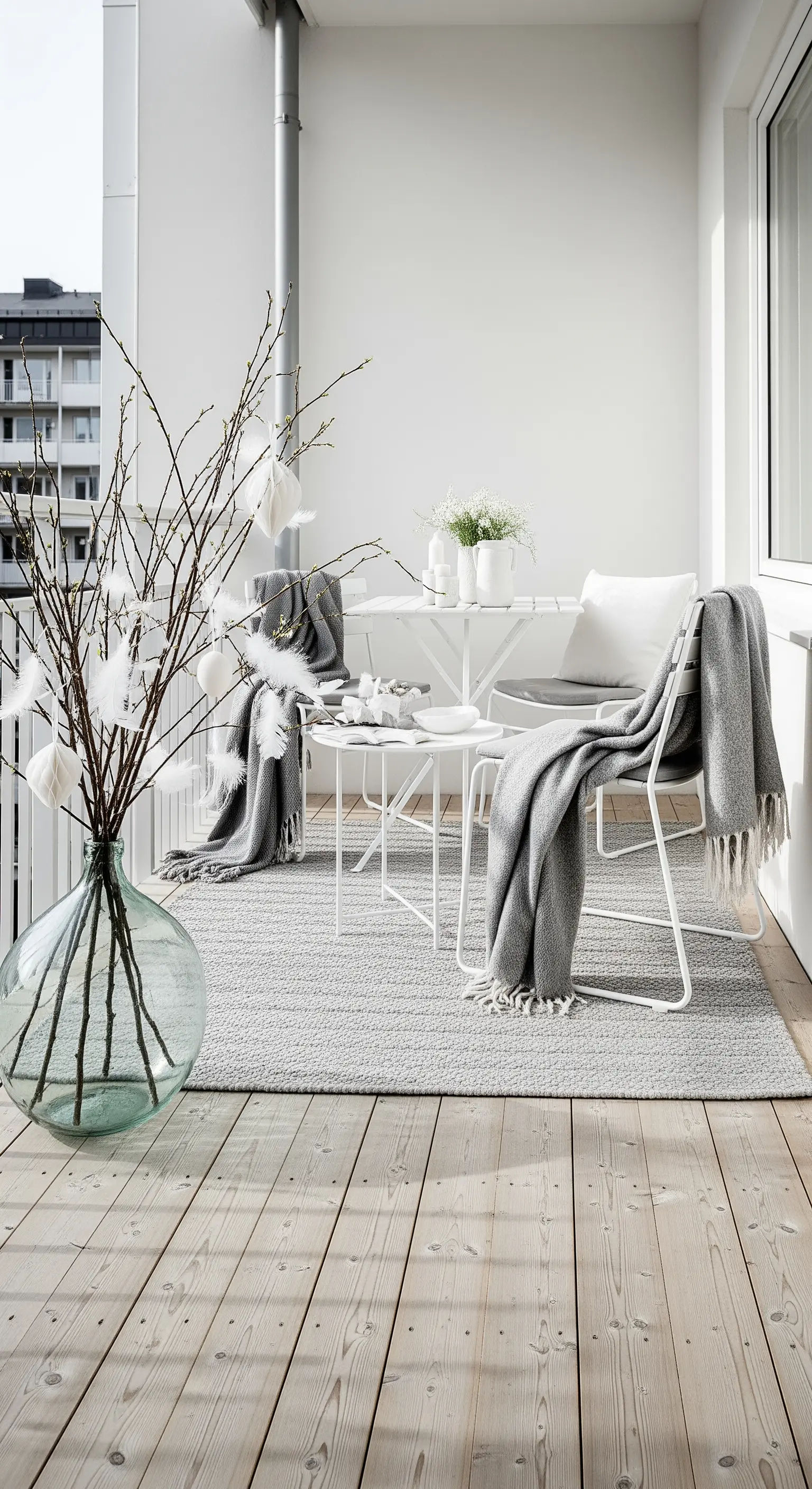 Weißer Balkon mit Zweigen in Glasvase und grauen Textilien