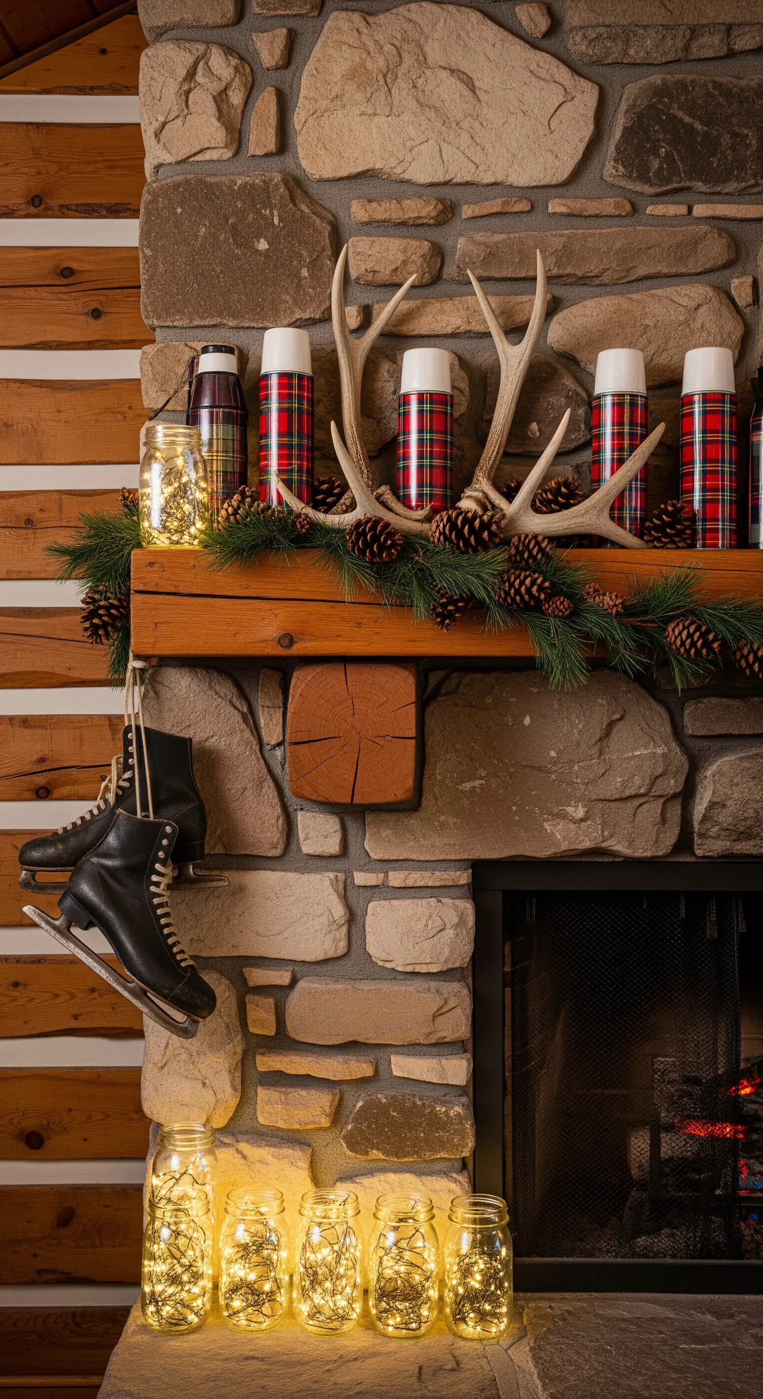 Steinkamin mit Geweih, Thermoskannen und Schlittschuhen