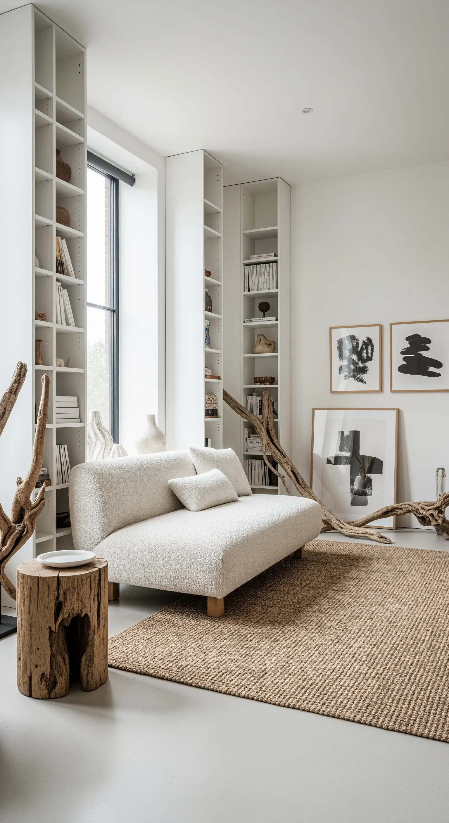 Weißes Bouclé-Sofa mit Treibholzskulpturen und abstrakter Kunst
