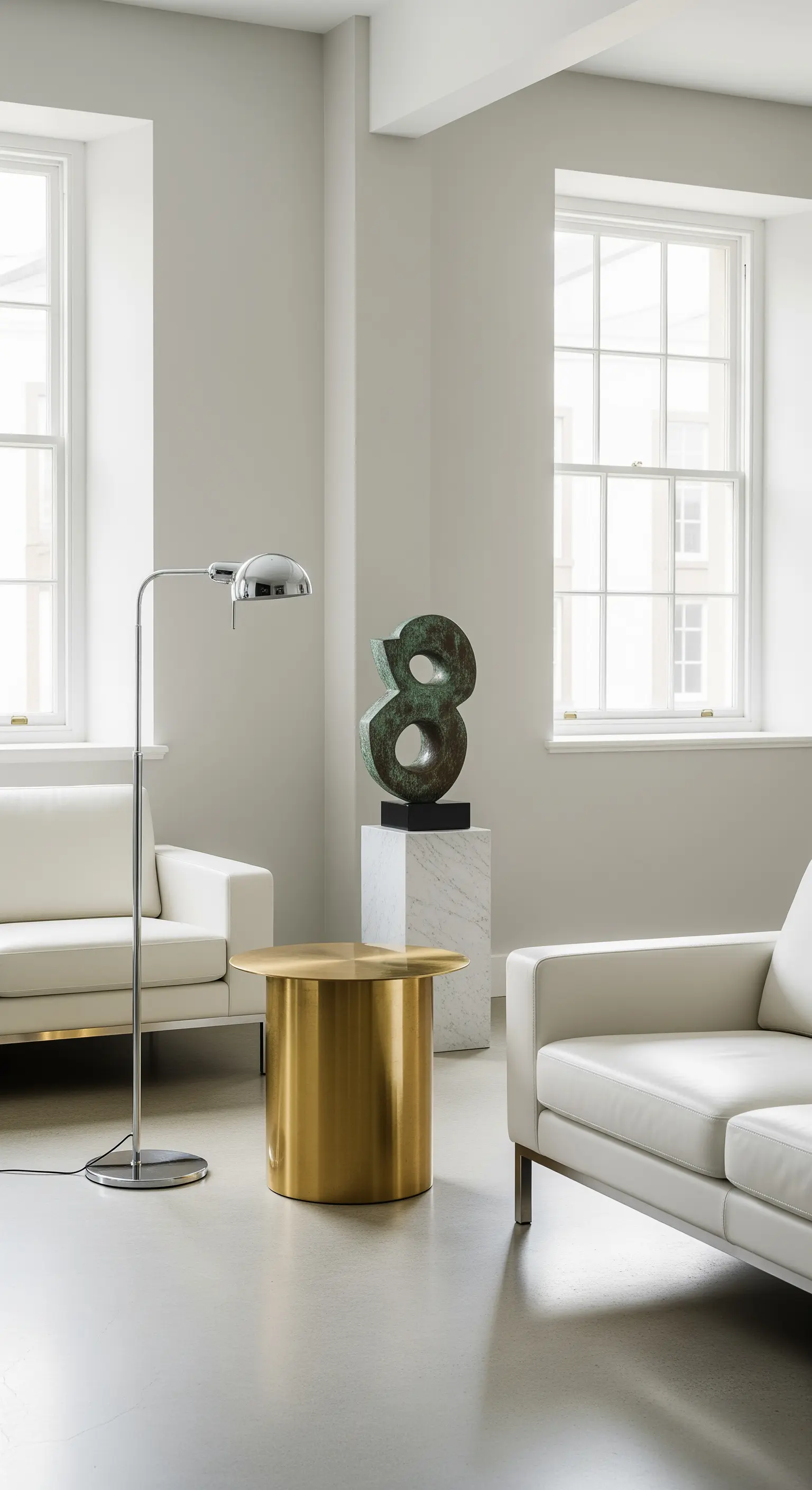 Modernes Wohnzimmer mit abstrakter Skulptur und Goldtisch