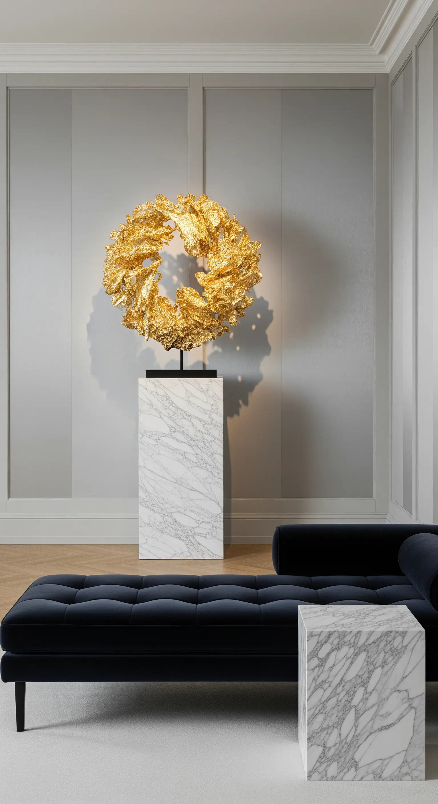 Goldene Skulptur auf Marmorsäule im grauen Wohnzimmer