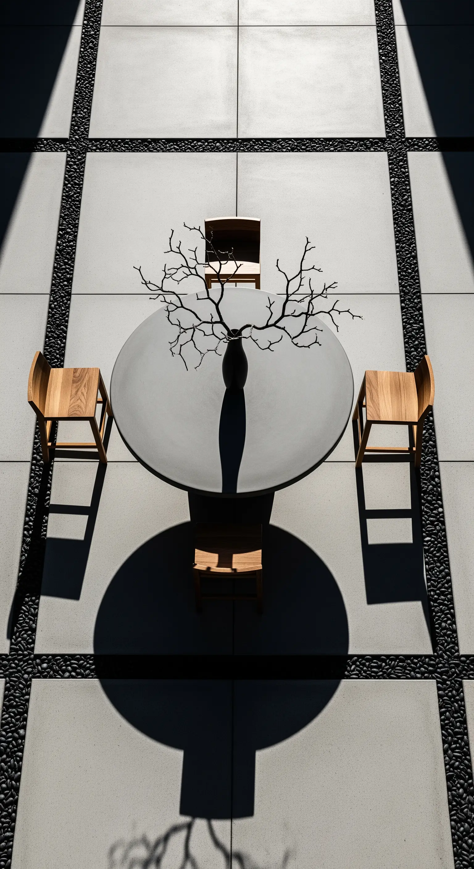 Draufsicht auf runden Tisch mit kahlem Ast in Vase