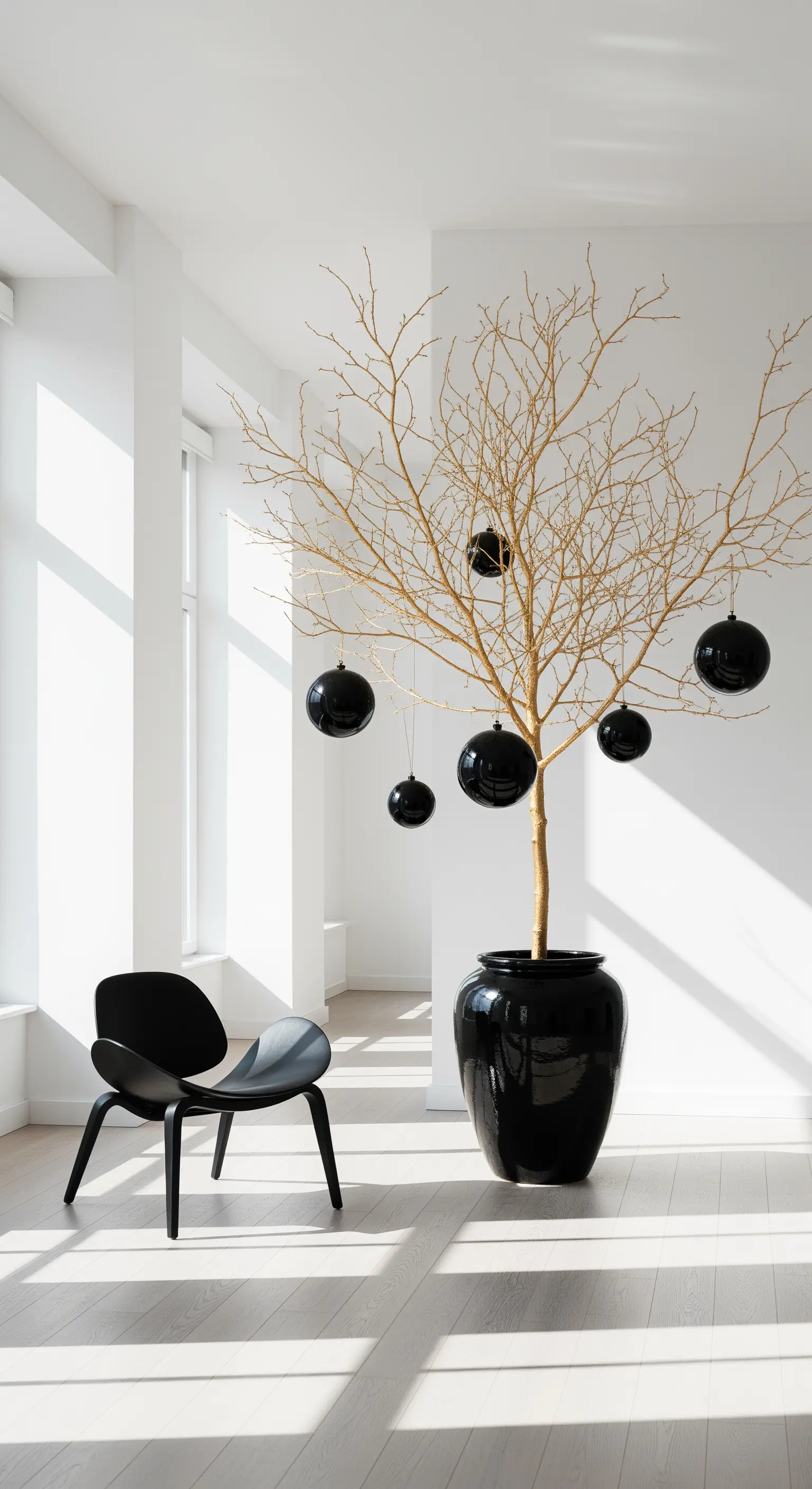 Goldener Ast in schwarzer Vase mit schwarzen Kugeln dekoriert