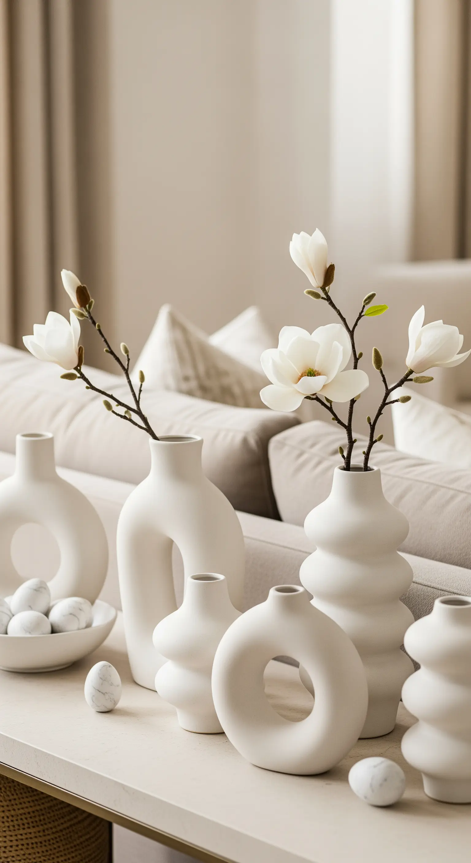 Weiße skulpturale Vasen mit Magnolienzweigen