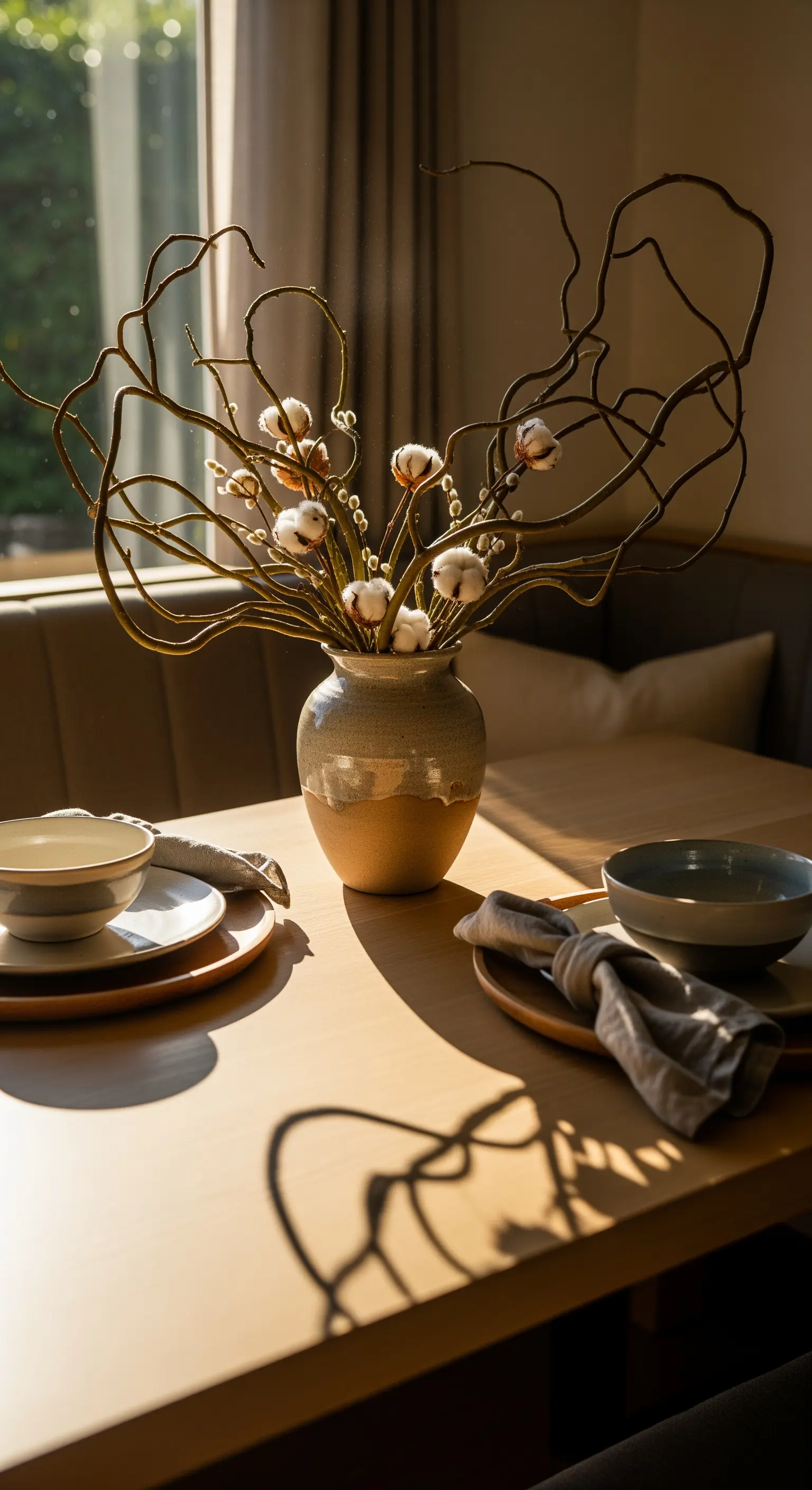 Korkenzieherweide und Baumwolle in Keramikvase im Sonnenlicht