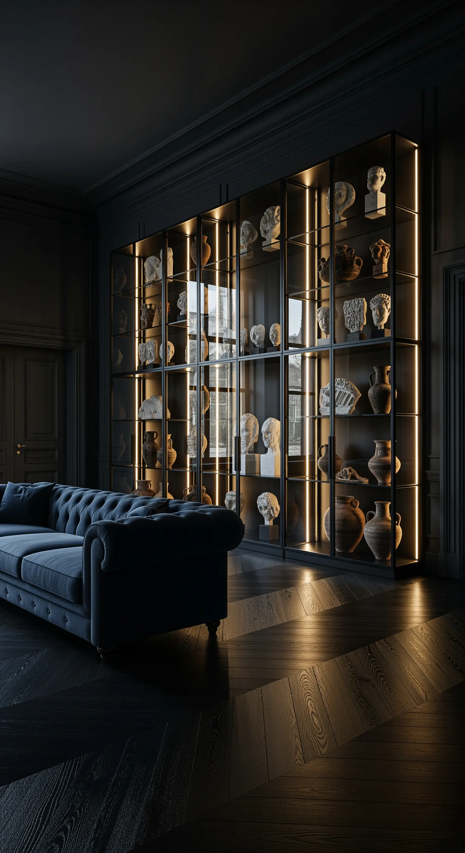Hohe Glasvitrine mit antiken Büsten und vertikaler LED-Beleuchtung im dunklen Wohnzimmer