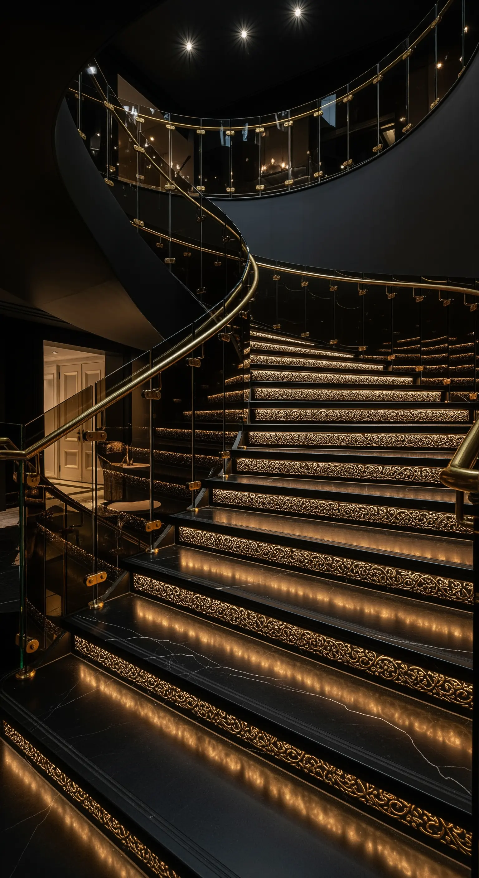 Wendeltreppe mit Goldgeländer und Stufenbeleuchtung