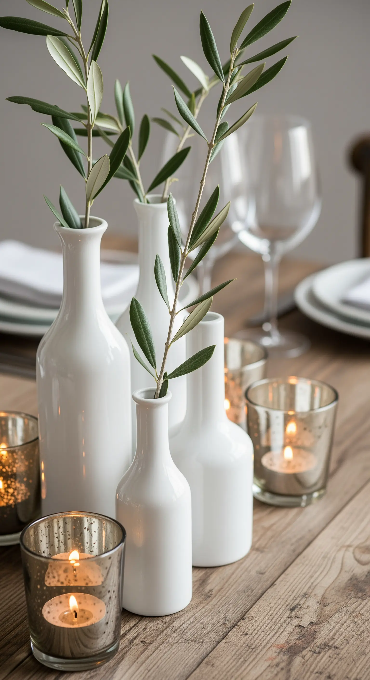 Gruppe weißer Vasen mit einzelnen Olivenzweigen und Teelichtern