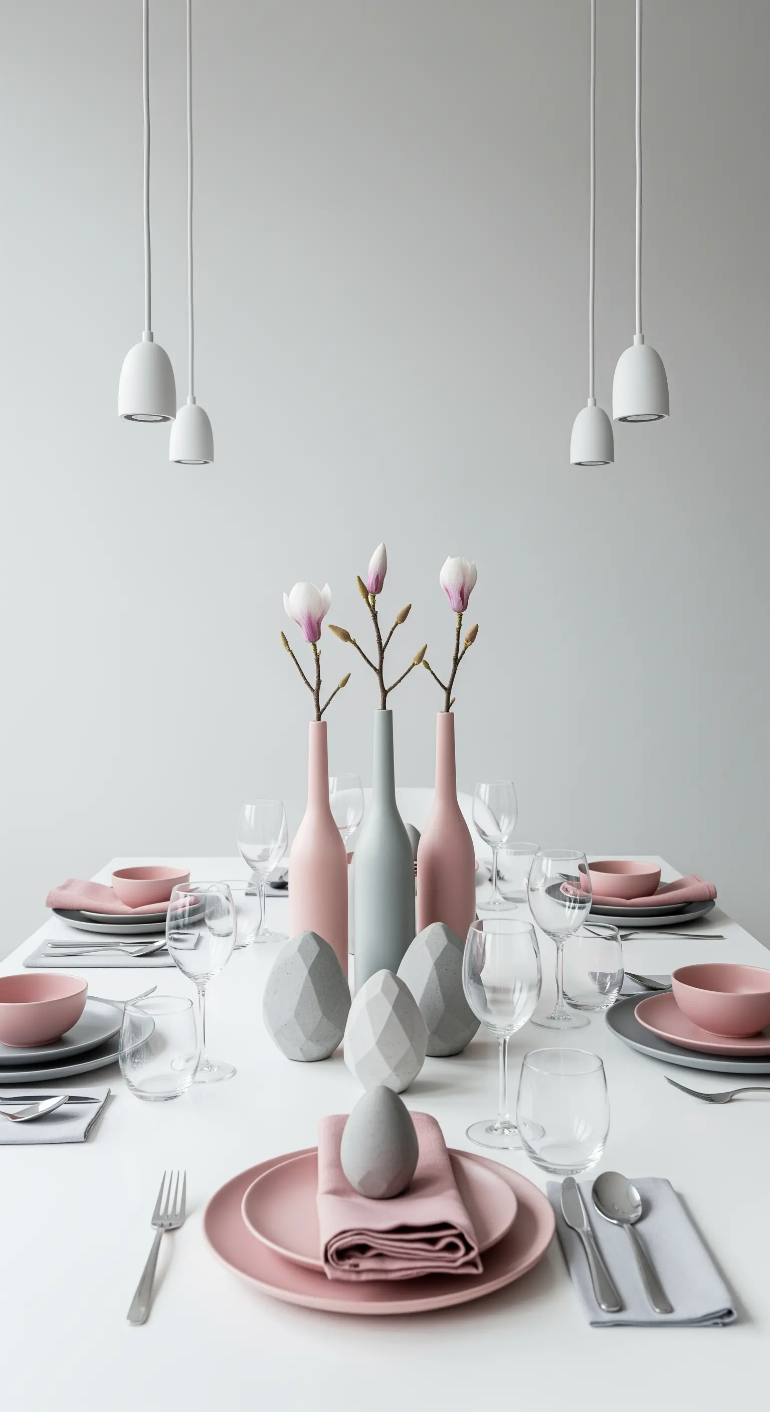 Drei matte Vasen mit einzelnen Magnolienzweigen