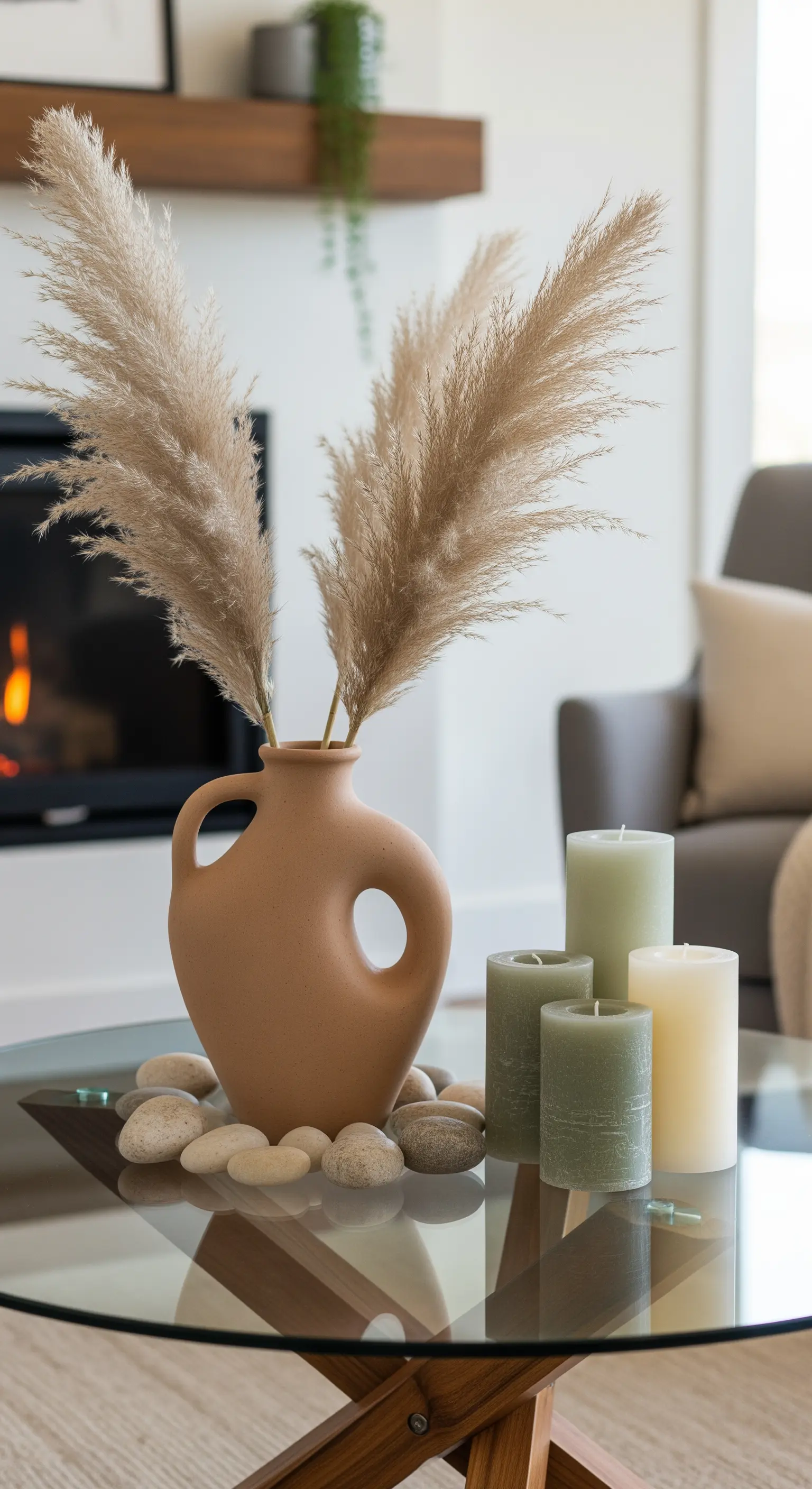 Formvase und Kerzengruppe auf Glastisch