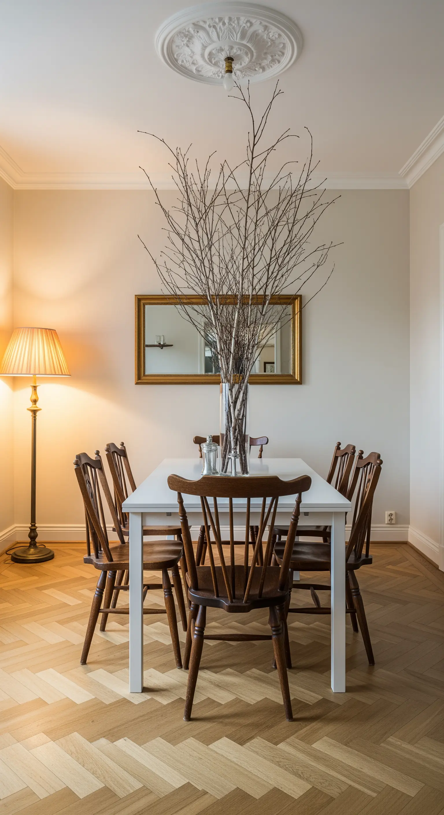 Esstisch mit hohen kahlen Zweigen in Glasvase