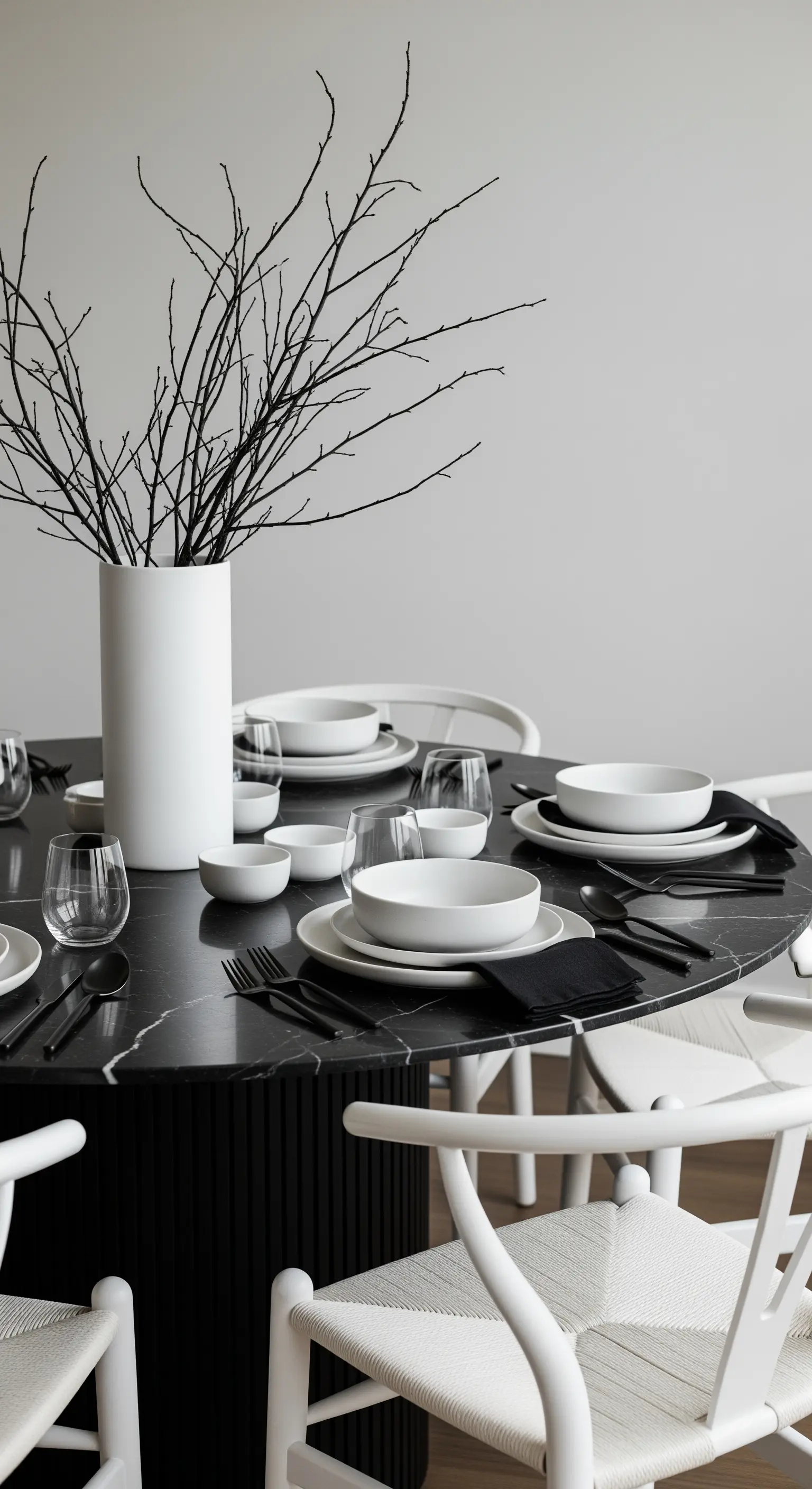 Schwarzer Marmortisch mit weißer Vase und dunklen Zweigen als minimalistisches Centerpiece