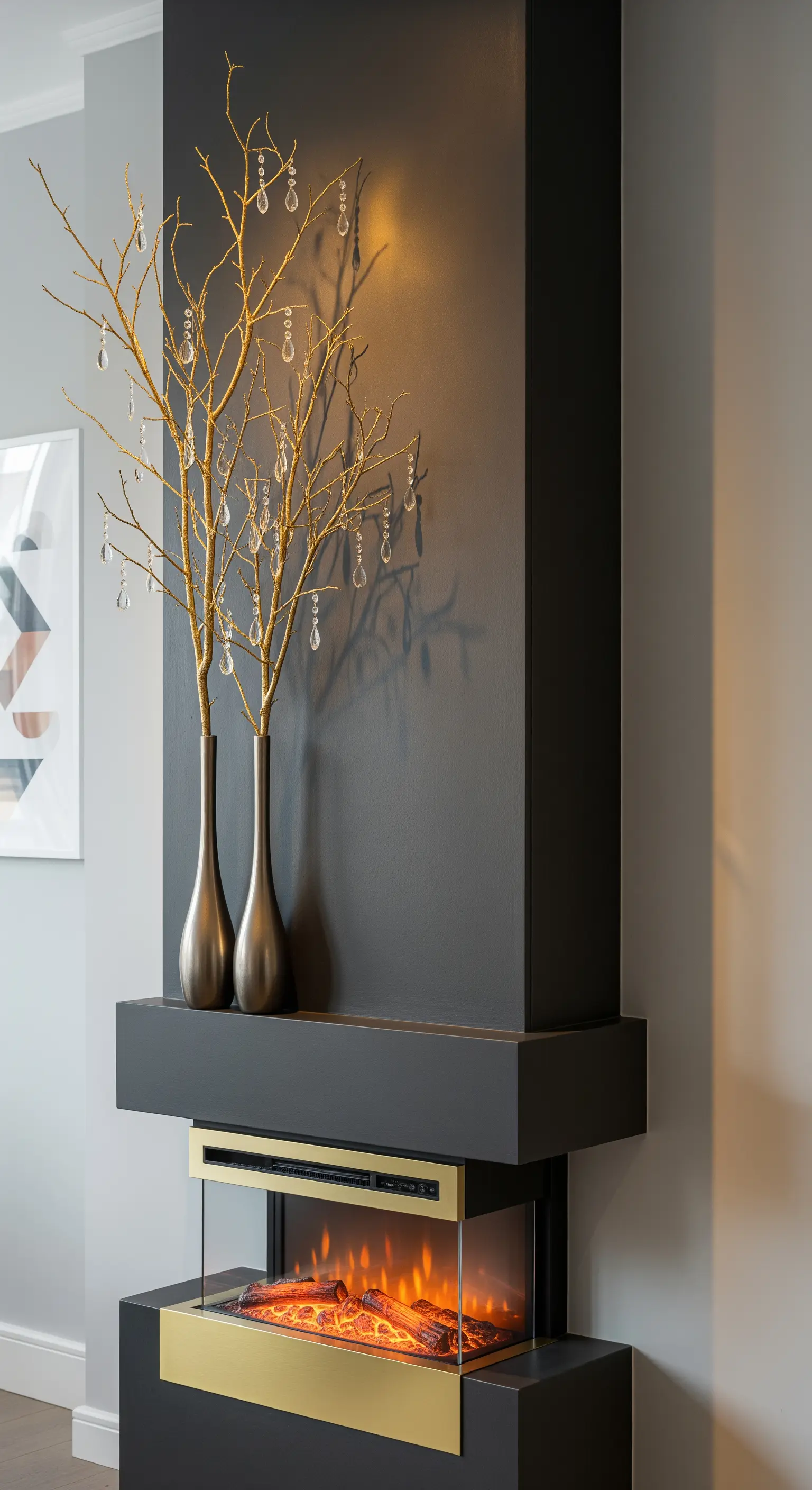 Moderner schwarzer Säulenkamin mit goldenen Zweigen in Vasen, behangen mit Kristallen.