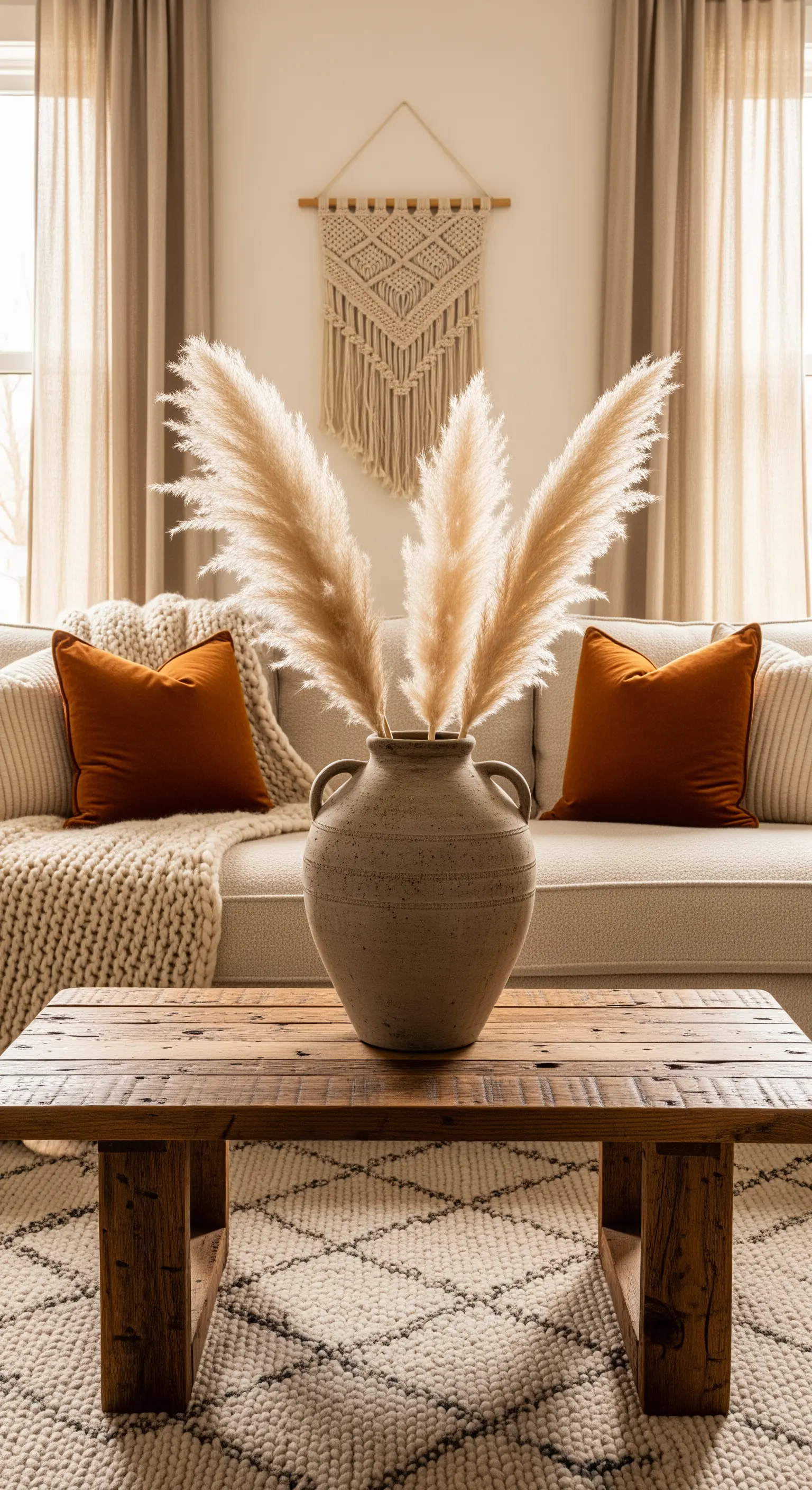 Große Vase mit Pampasgras auf Holztisch im Boho-Wohnzimmer