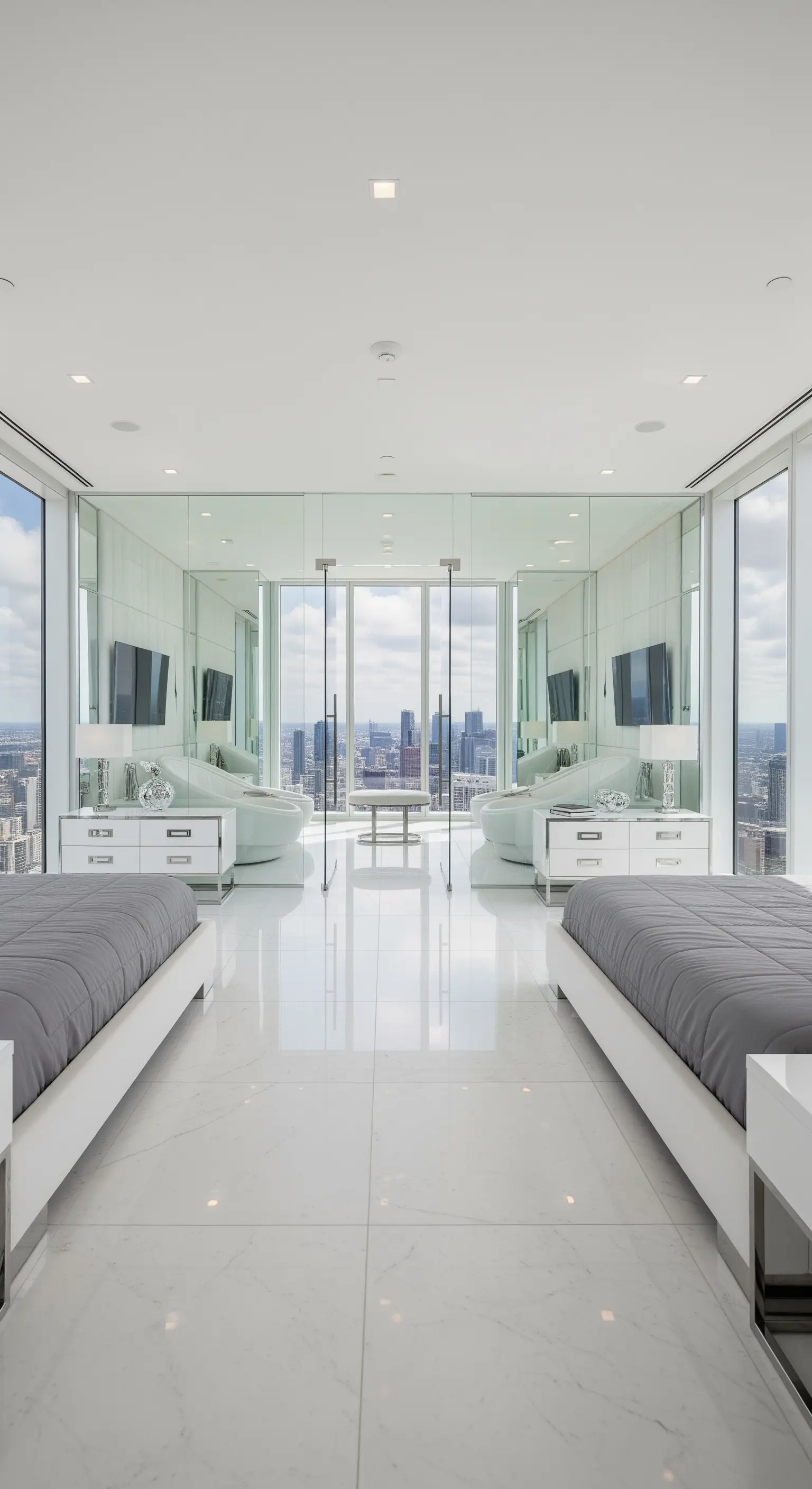 Weißes Luxus-Schlafzimmer mit Glaswänden und City-View