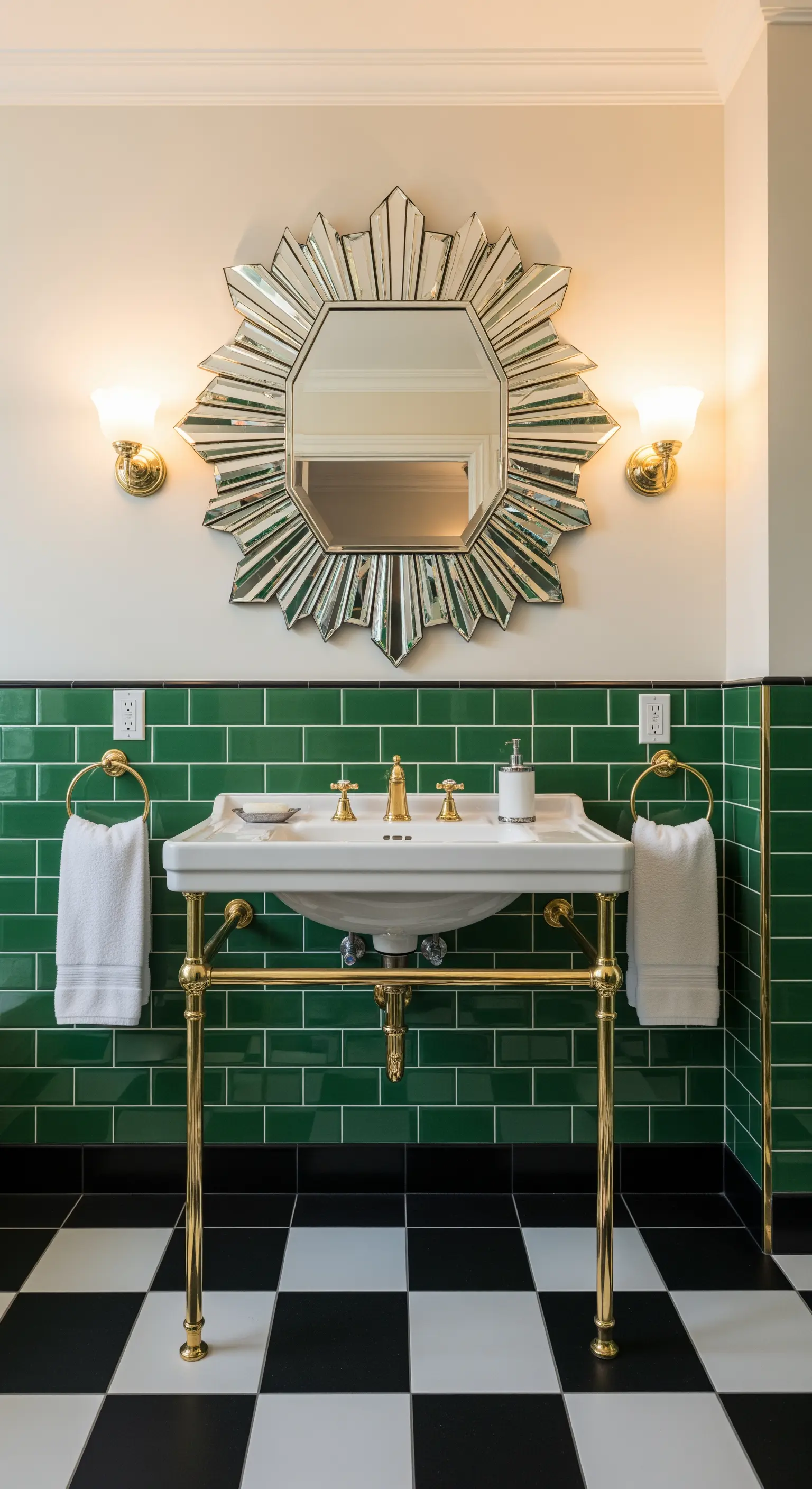 Grün gefliestes Bad mit starburst-förmigem Spiegel und goldenen Details