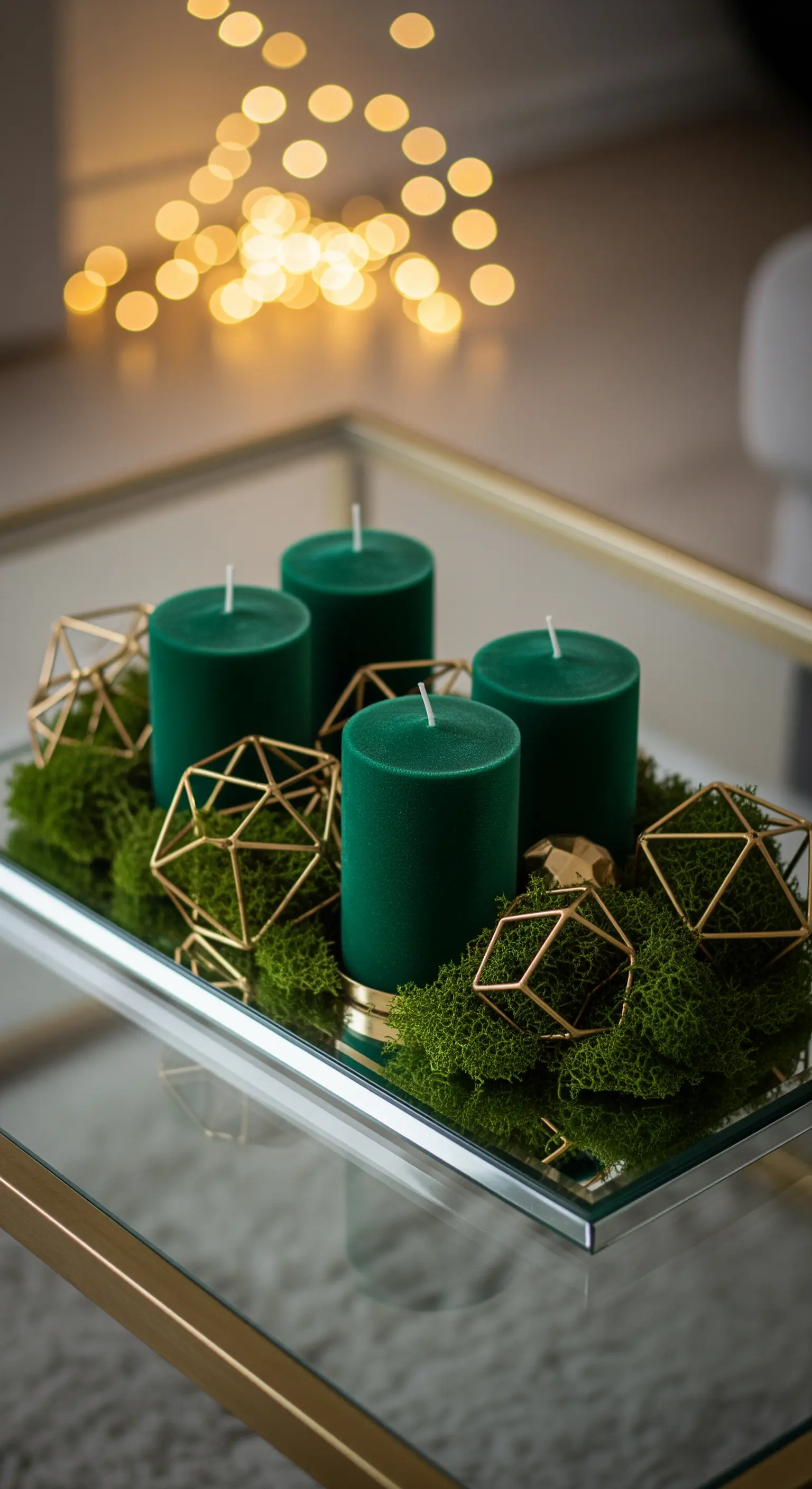 Dunkelgrüne Stumpenkerzen auf Spiegeltablett mit Moos und goldenen Deko-Elementen