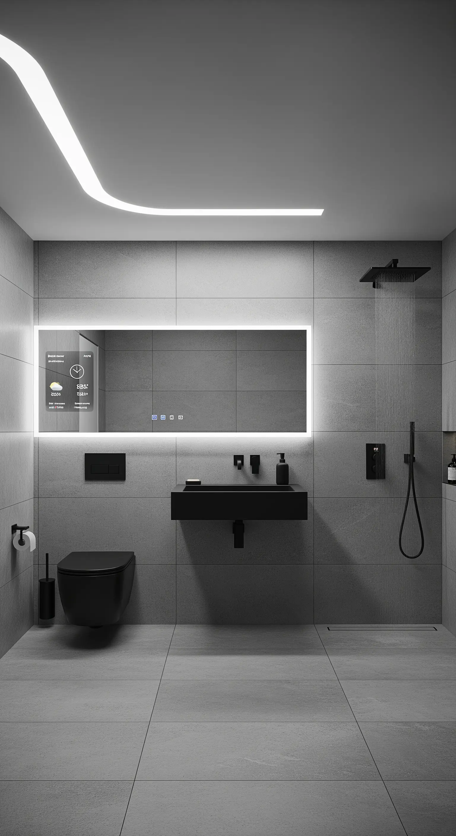 Graues modernes Bad mit großem Smart-Mirror und LED-Rahmen