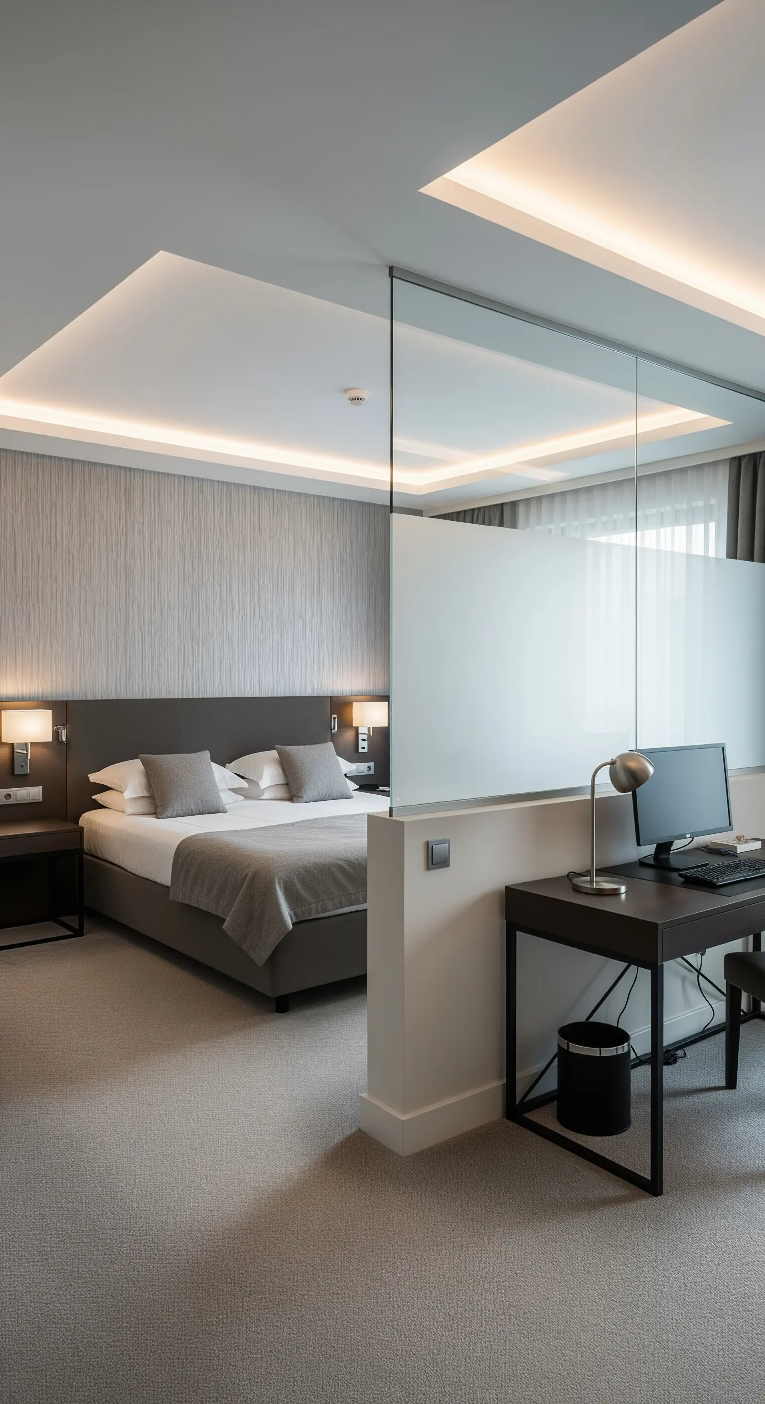 Schlafzimmer mit Arbeitsplatz hinter halbhoher Trennwand mit Glasaufsatz