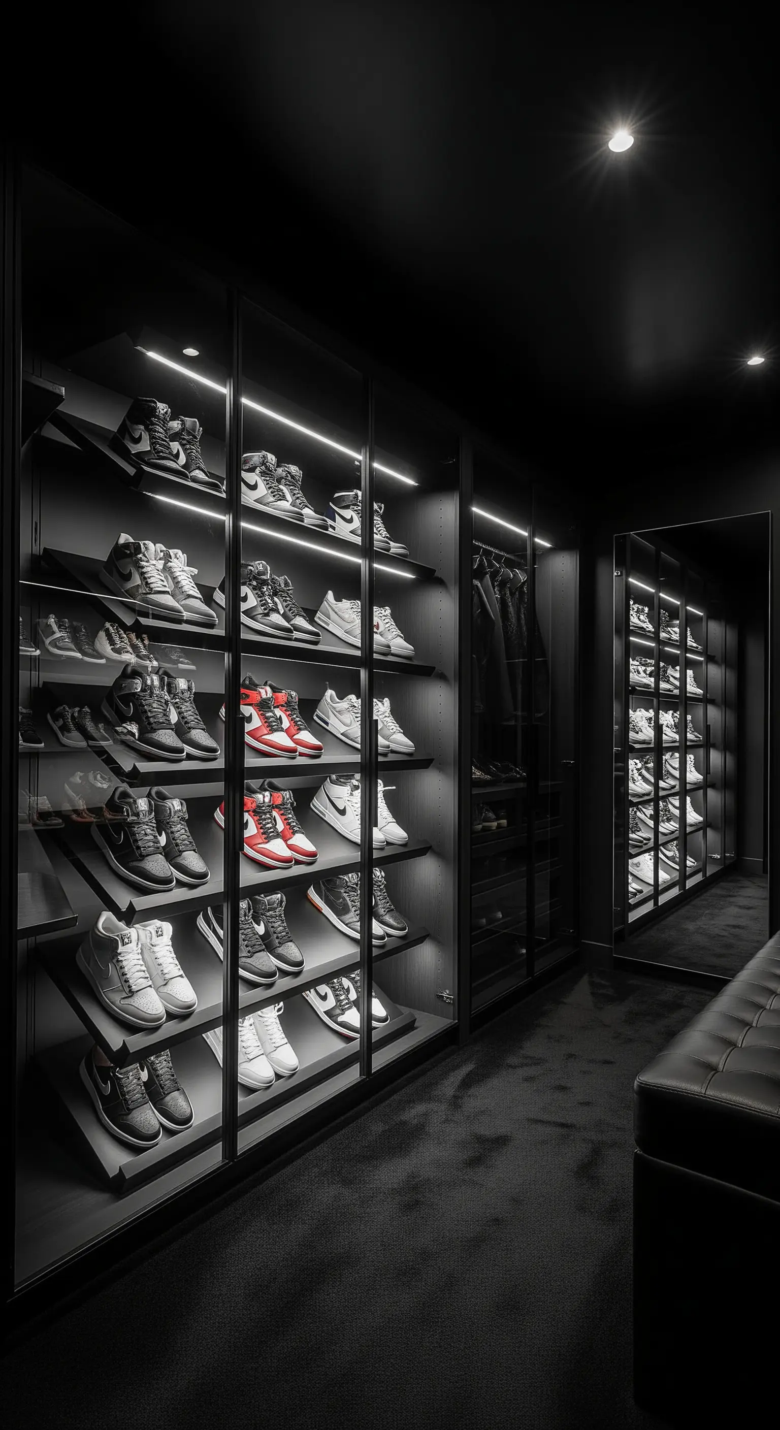 Große dunkle Vitrinenwand mit beleuchteter Sneaker-Sammlung auf schrägen Böden