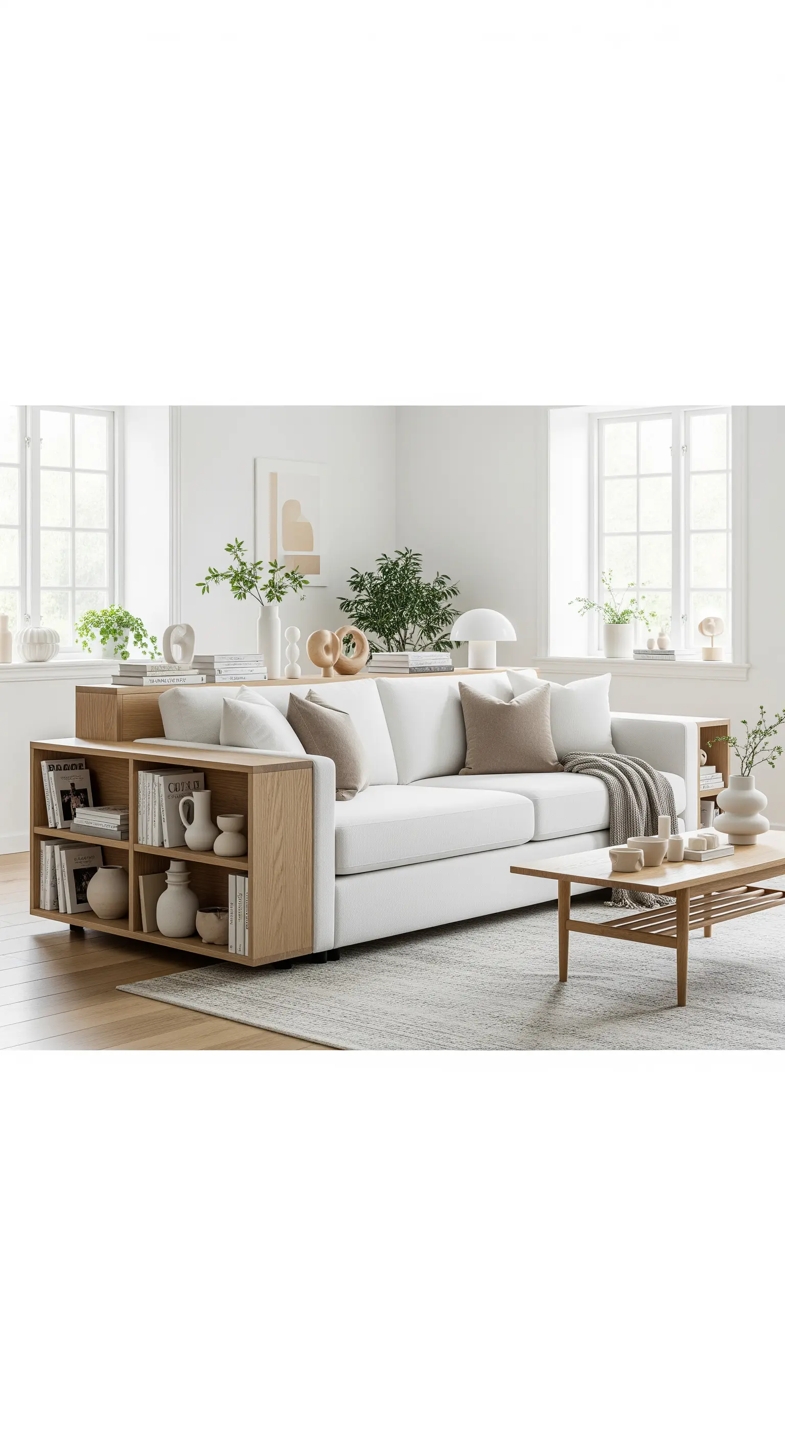 Weißes Sofa mit integriertem Holzregal an der Seite