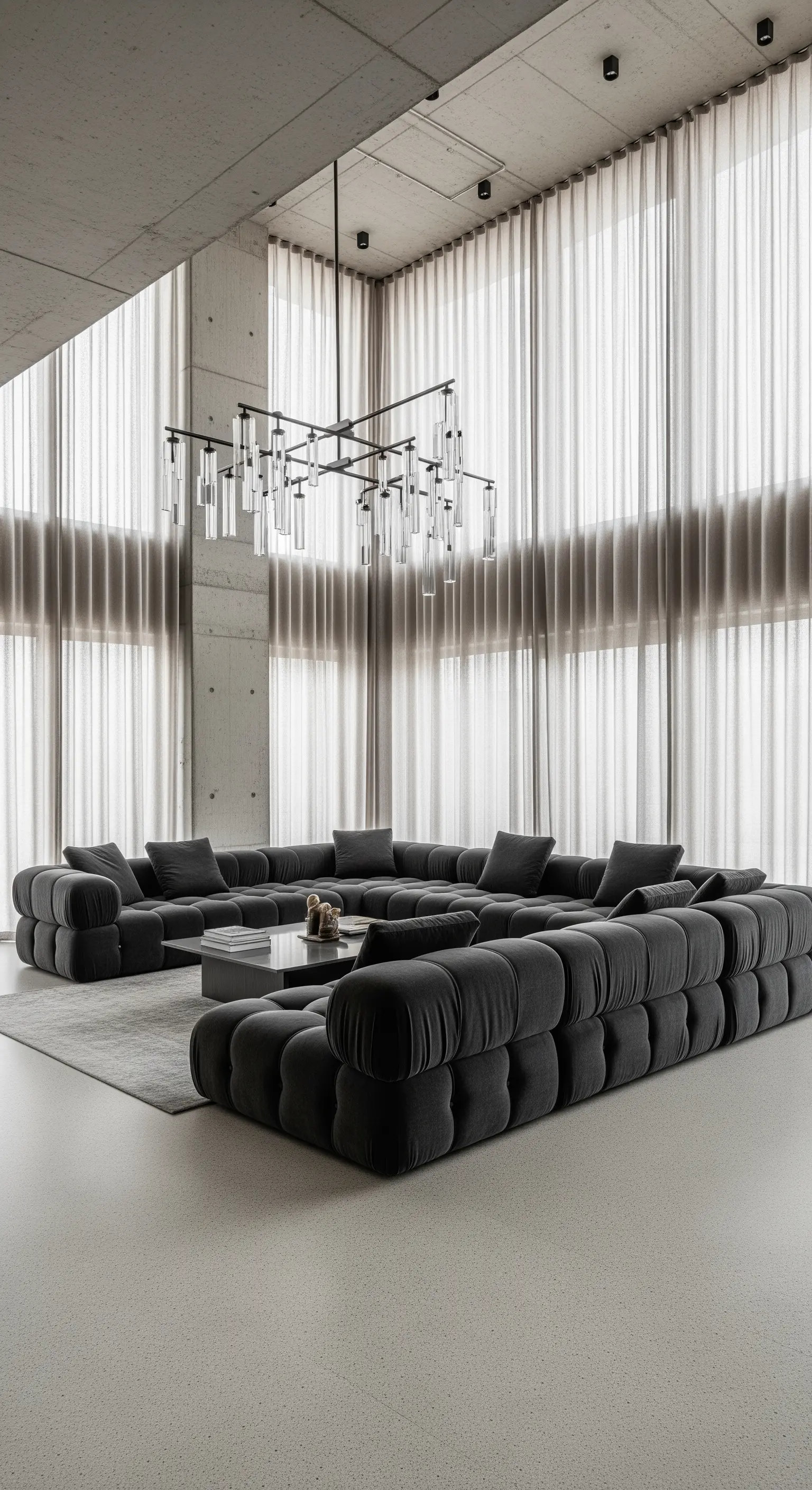 Industrielles Wohnzimmer mit Betonwänden und weichen Vorhängen