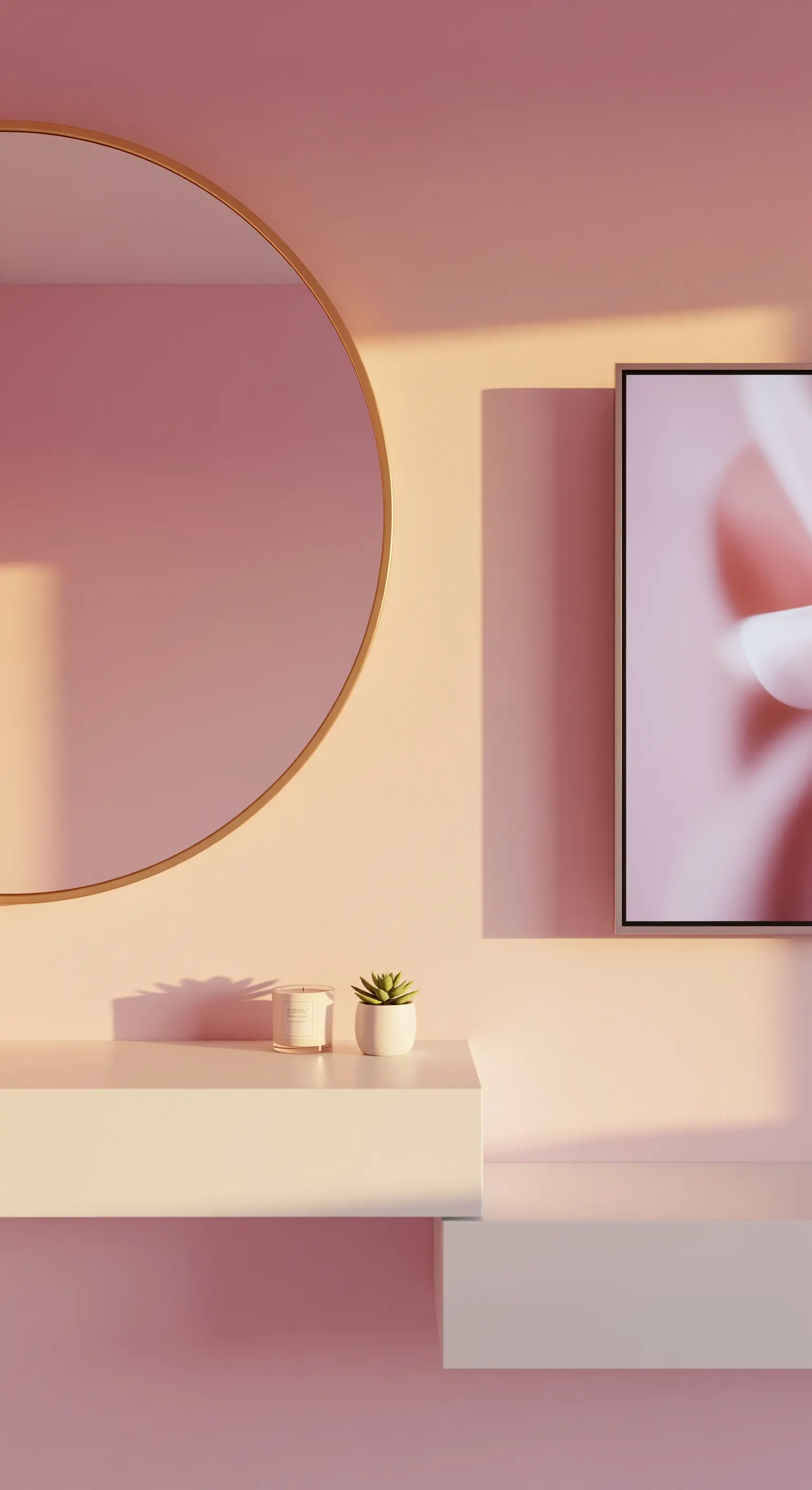Zartrosa Wand mit Kunst-TV und rundem Spiegel
