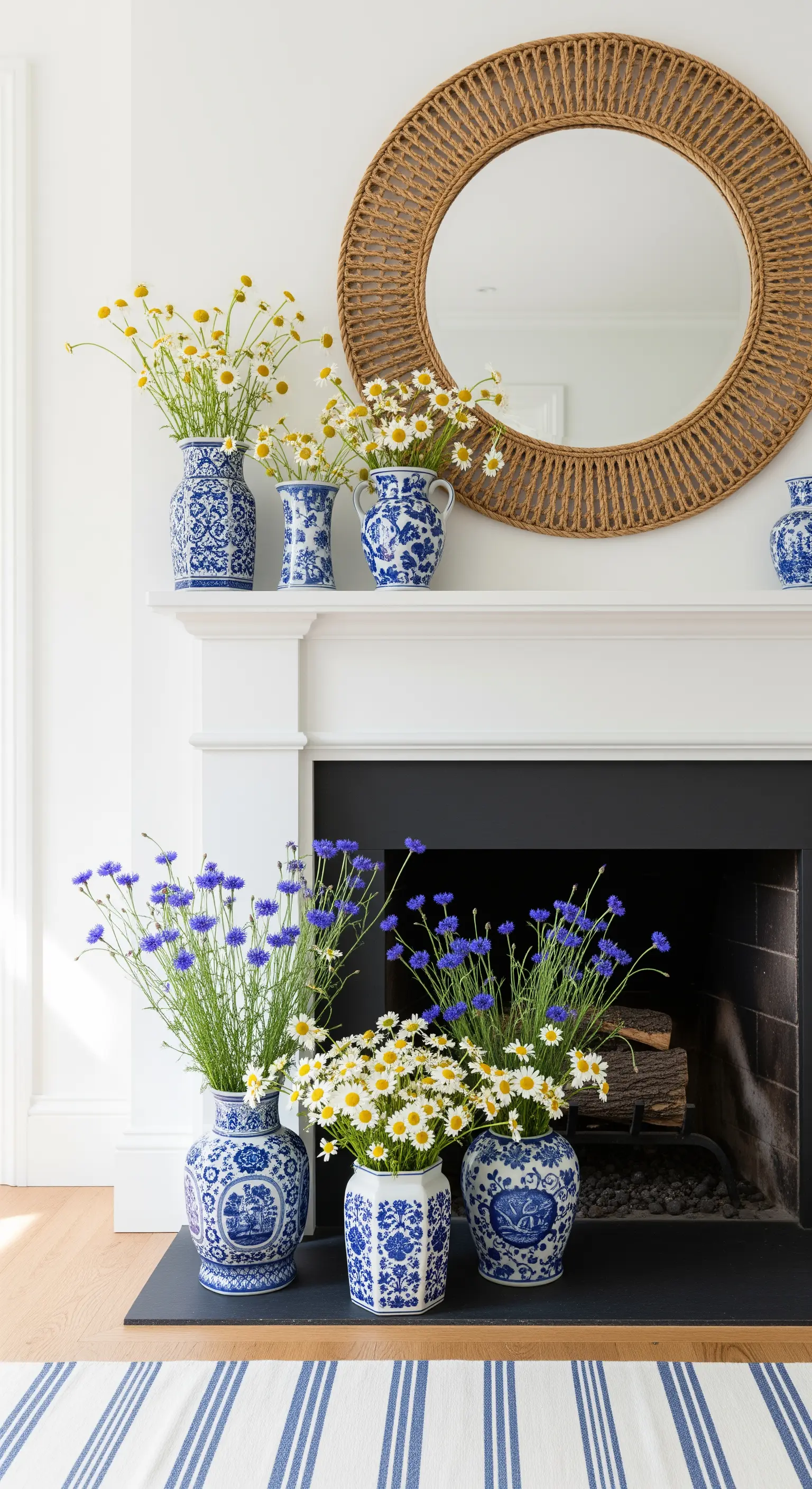 Blau-weiße Porzellanvasen mit Margeriten vor Rundspiegel