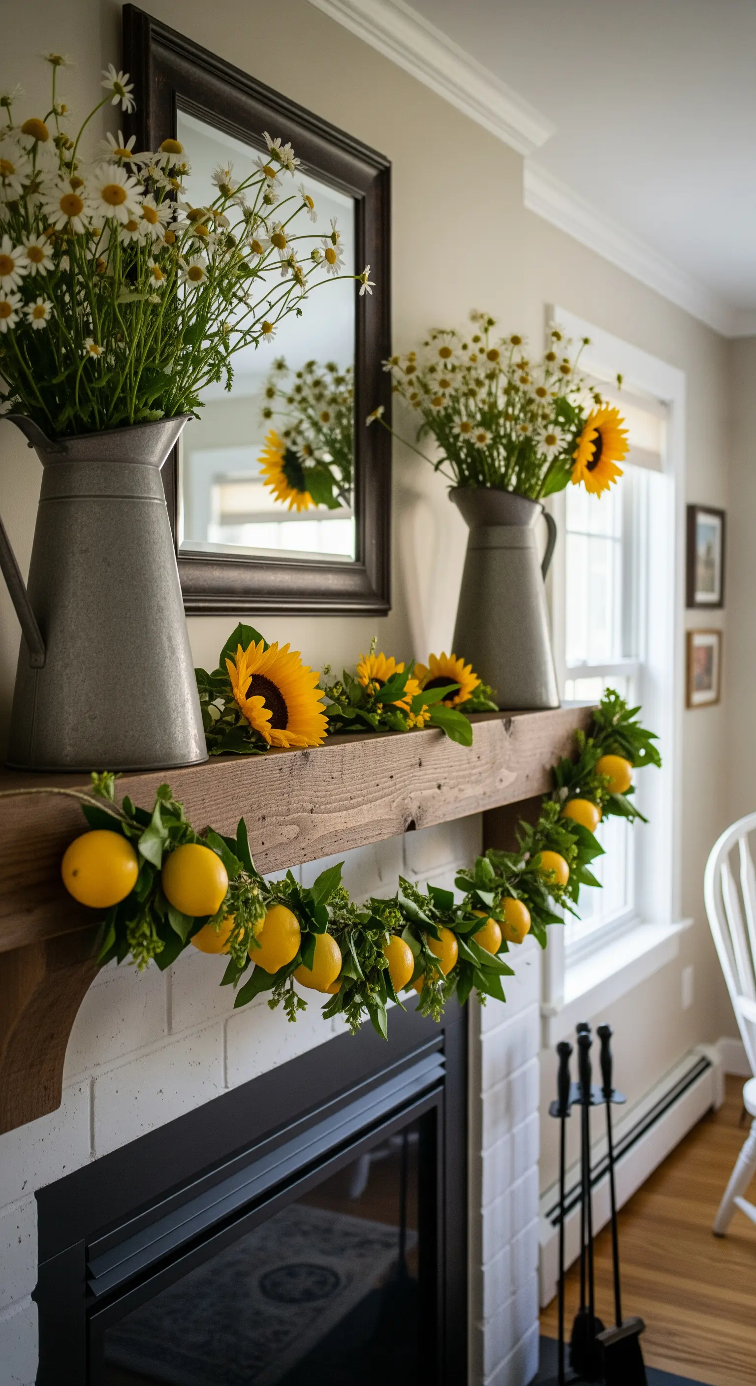 Sonnenblumen in Zinkkannen und Zitronengirlande am Kamin