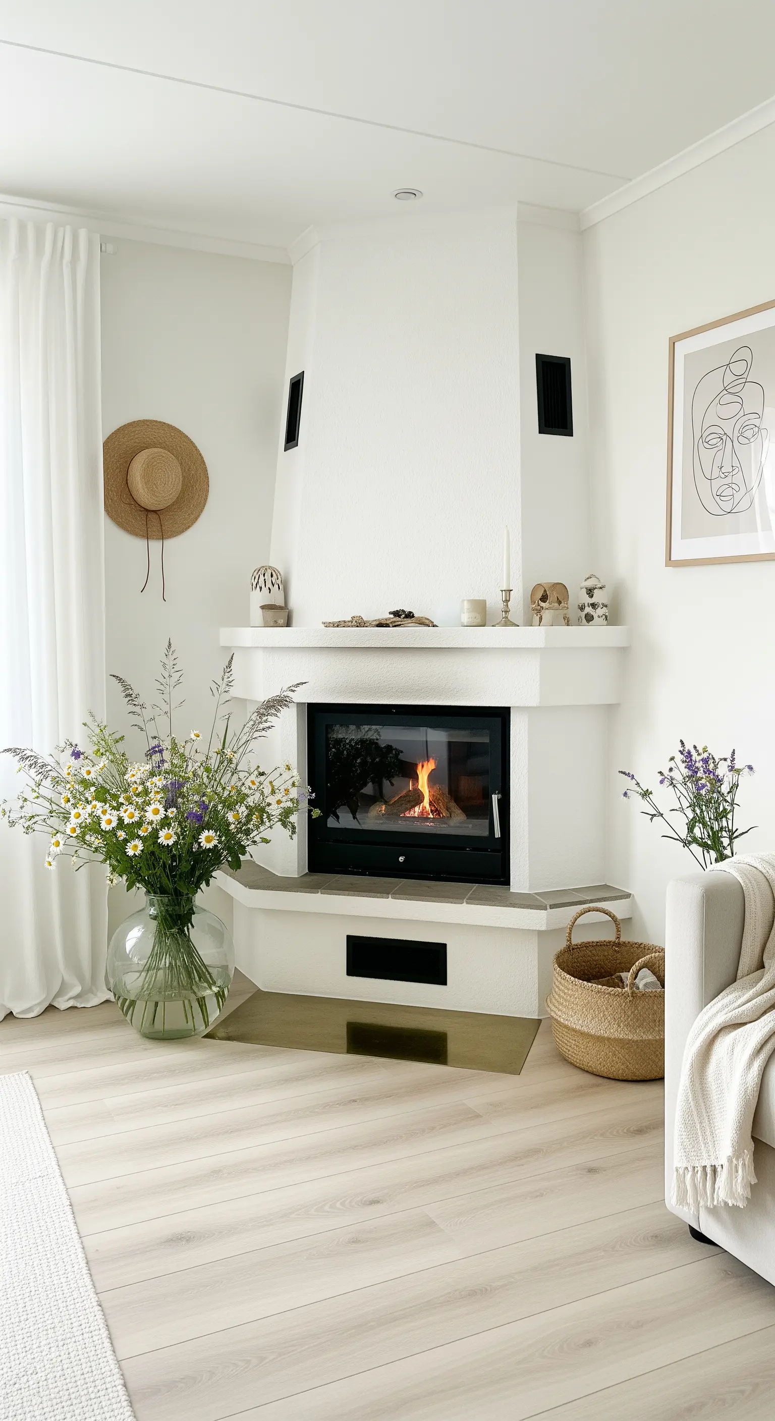 Große Glasvase mit Wiesenblumen vor weißem Eckkamin