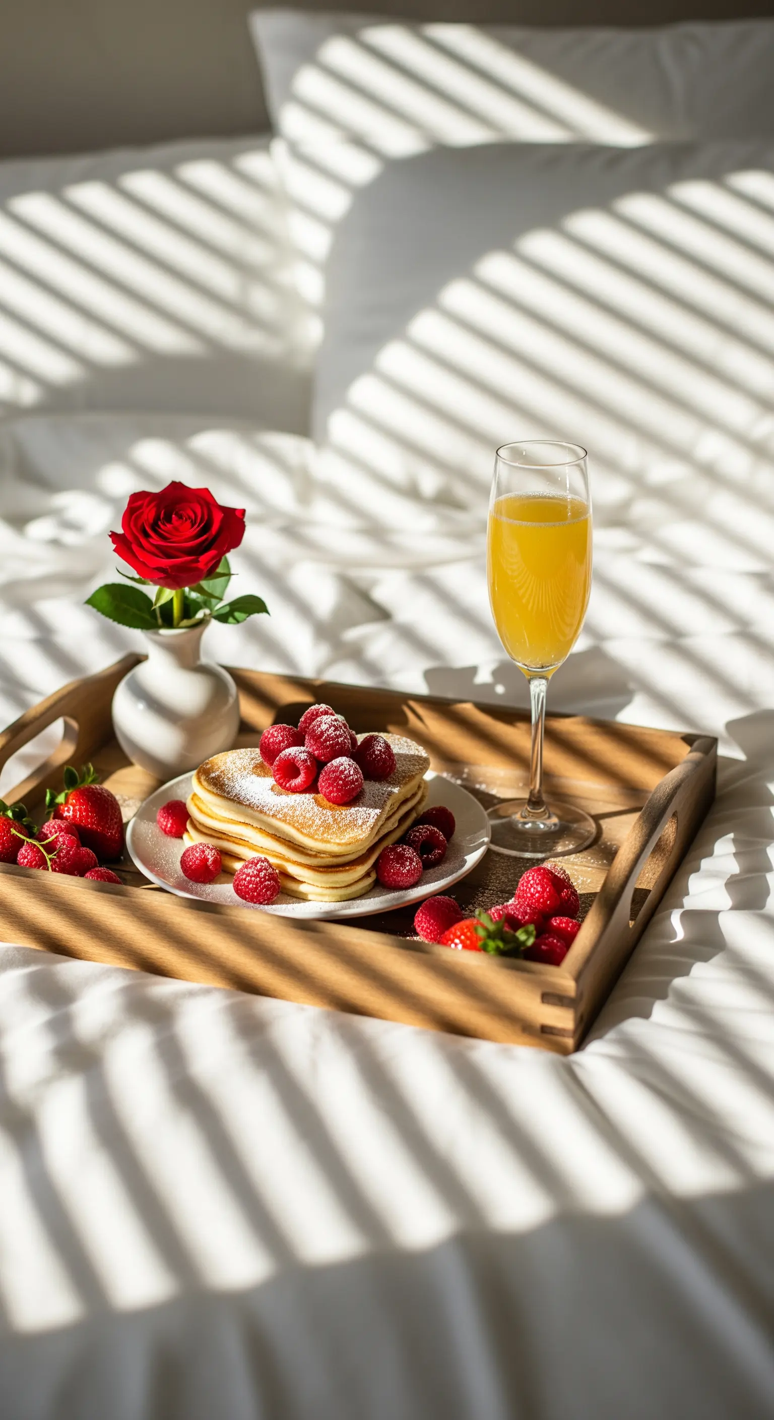 Frühstück im Bett mit Pfannkuchenherz und Rose