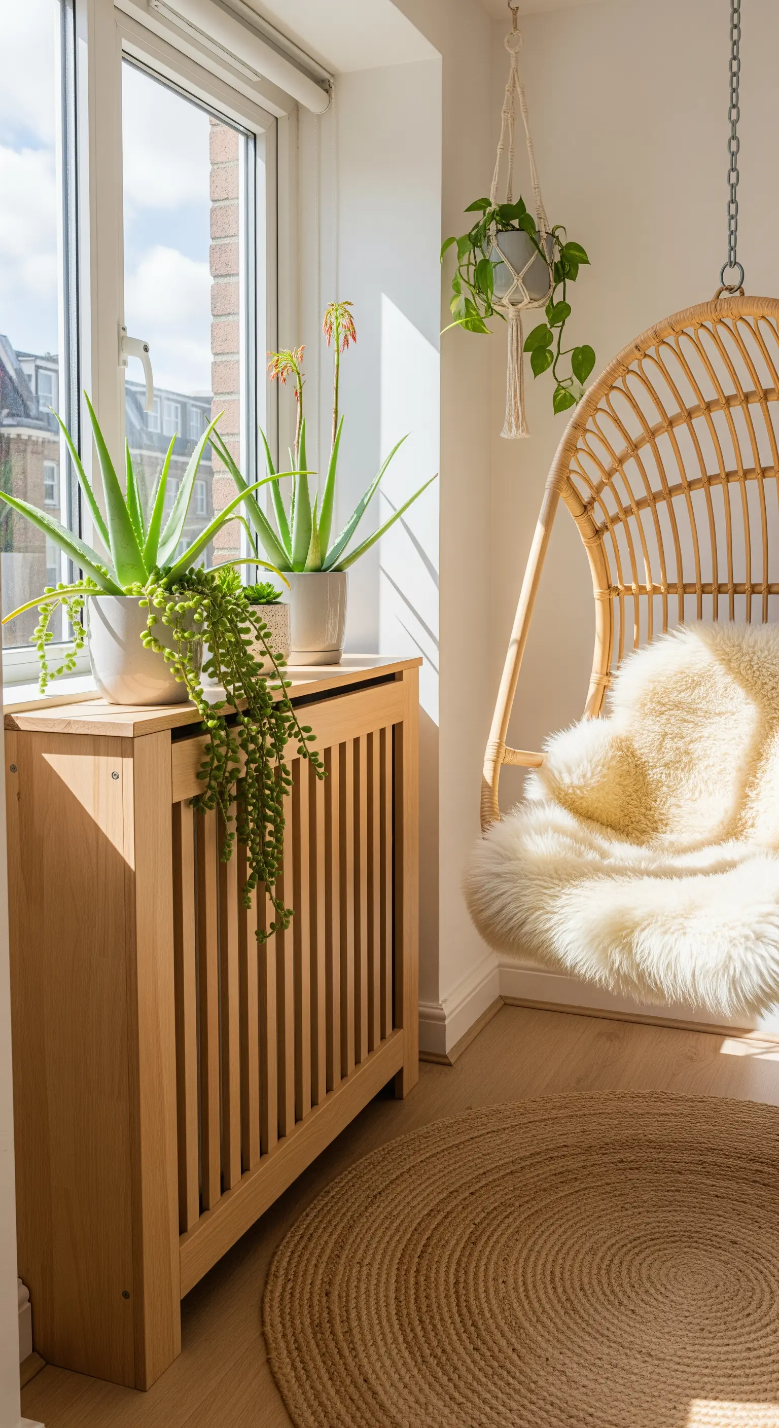 Hängesessel neben Heizkörperverkleidung mit Aloe Vera Pflanzen