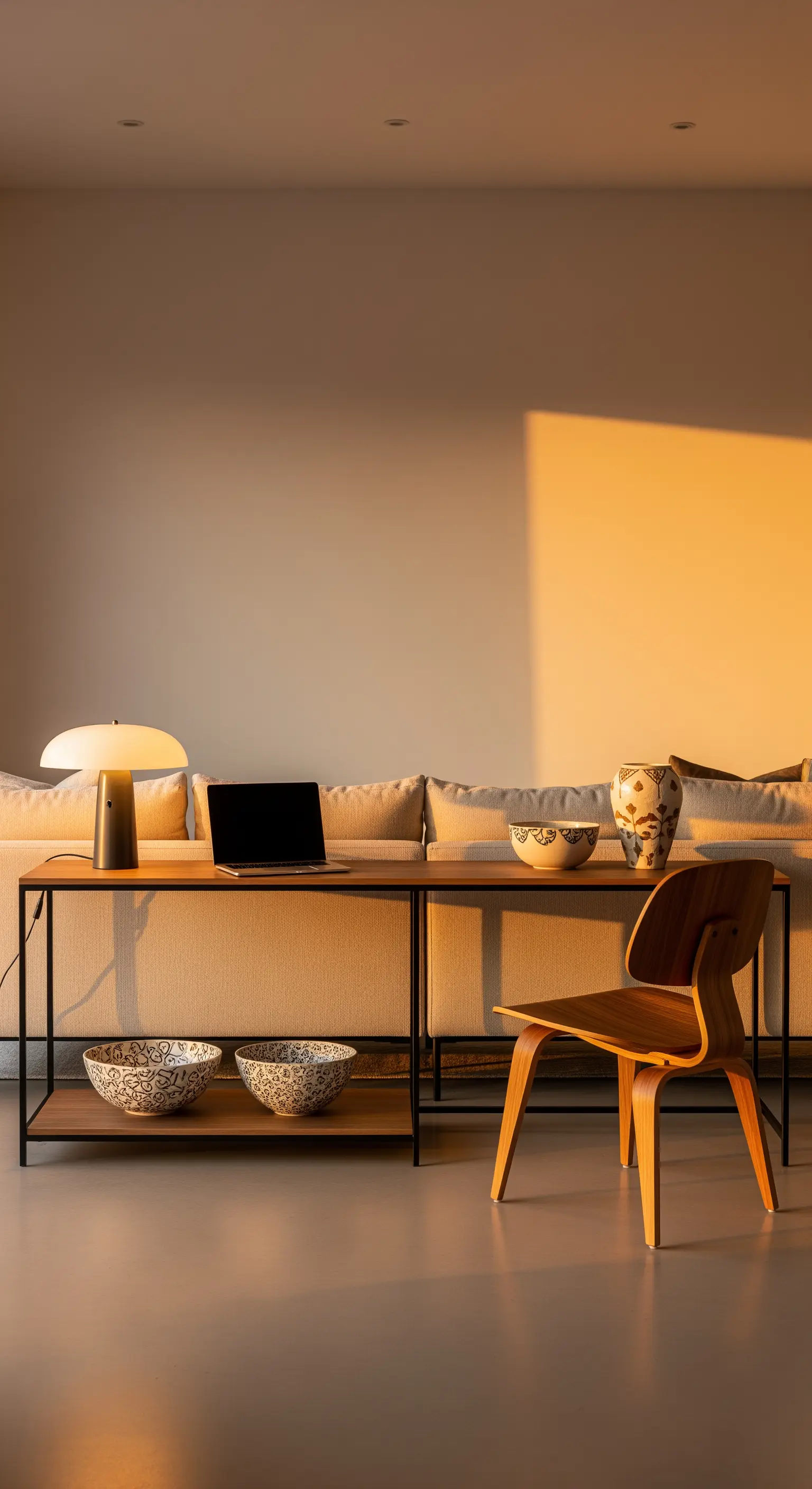 Schmaler Konsolentisch hinter Sofa im warmen Abendlicht