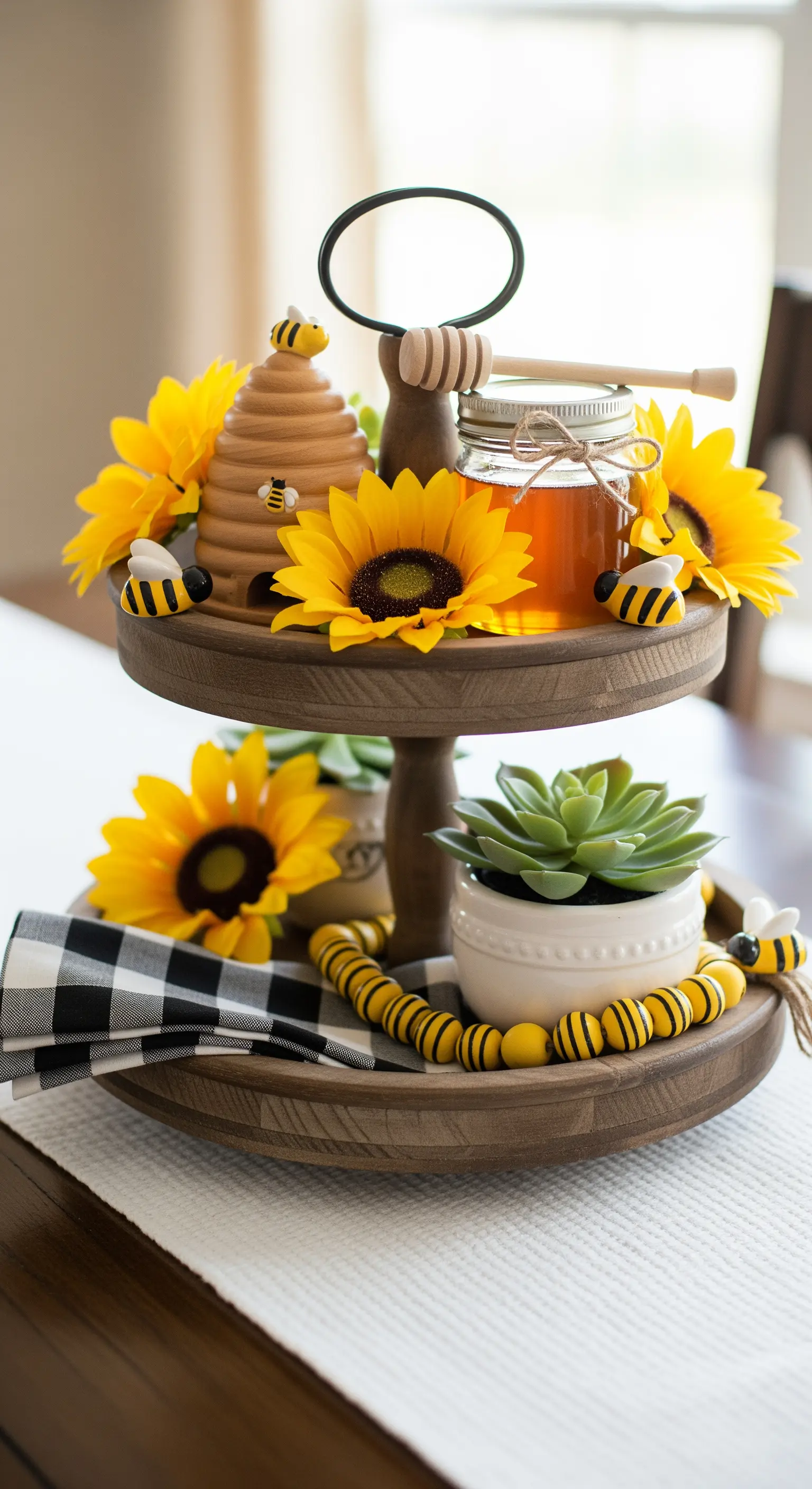 Holzetagere mit Bienenkorb, Sonnenblumen, Honigglas und Sukkulenten