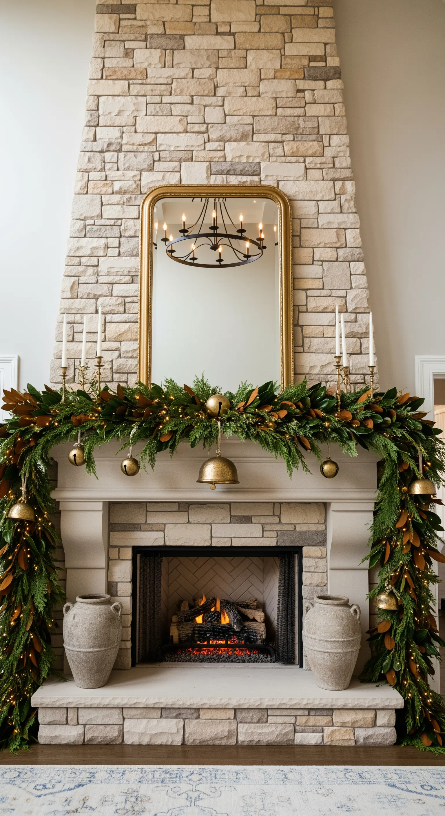 Hoher Steinkamin mit üppiger Magnoliengirlande und Glocken