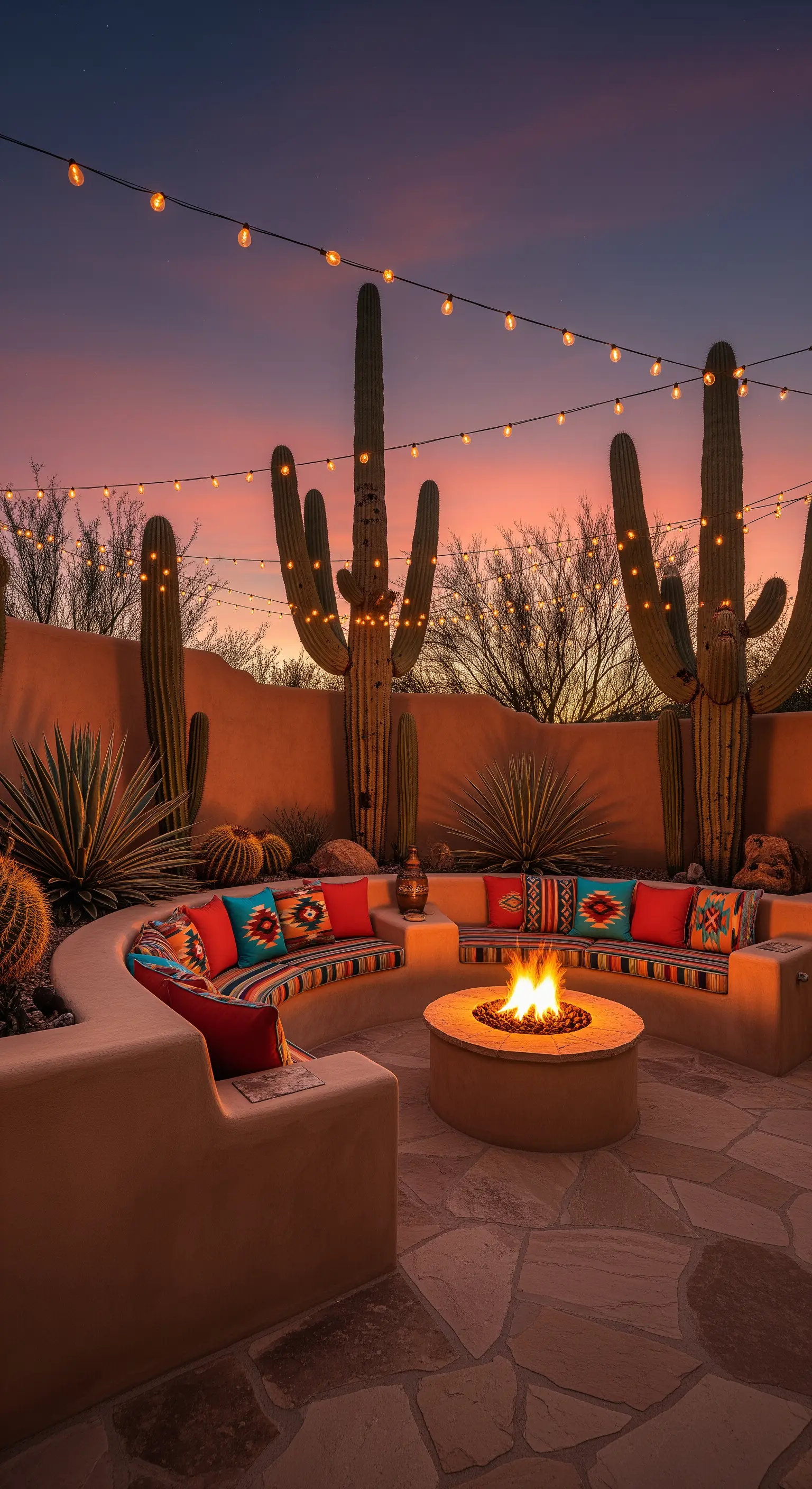 Gemauerte Sitzecke mit Feuerstelle und Kakteen
