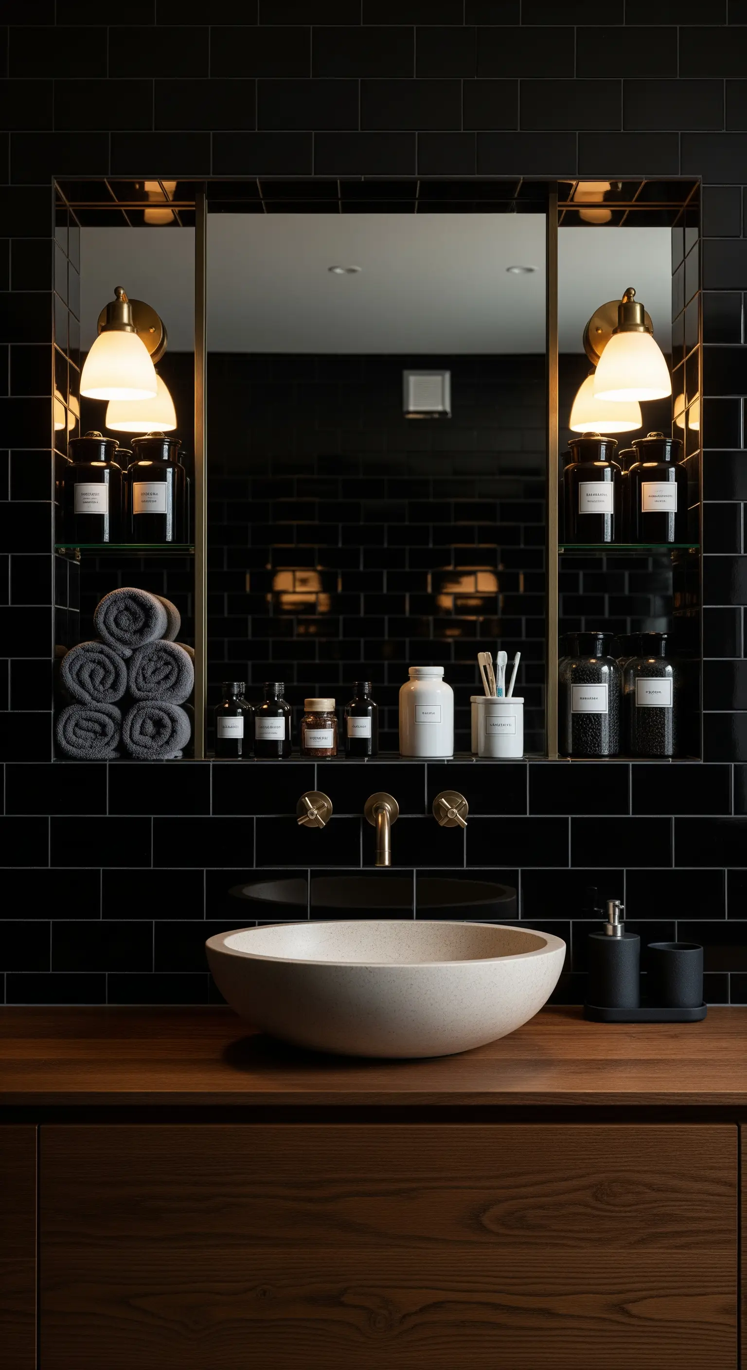 Badezimmerspiegel mit integrierten Regalen für einheitliche schwarze Pflegeprodukte