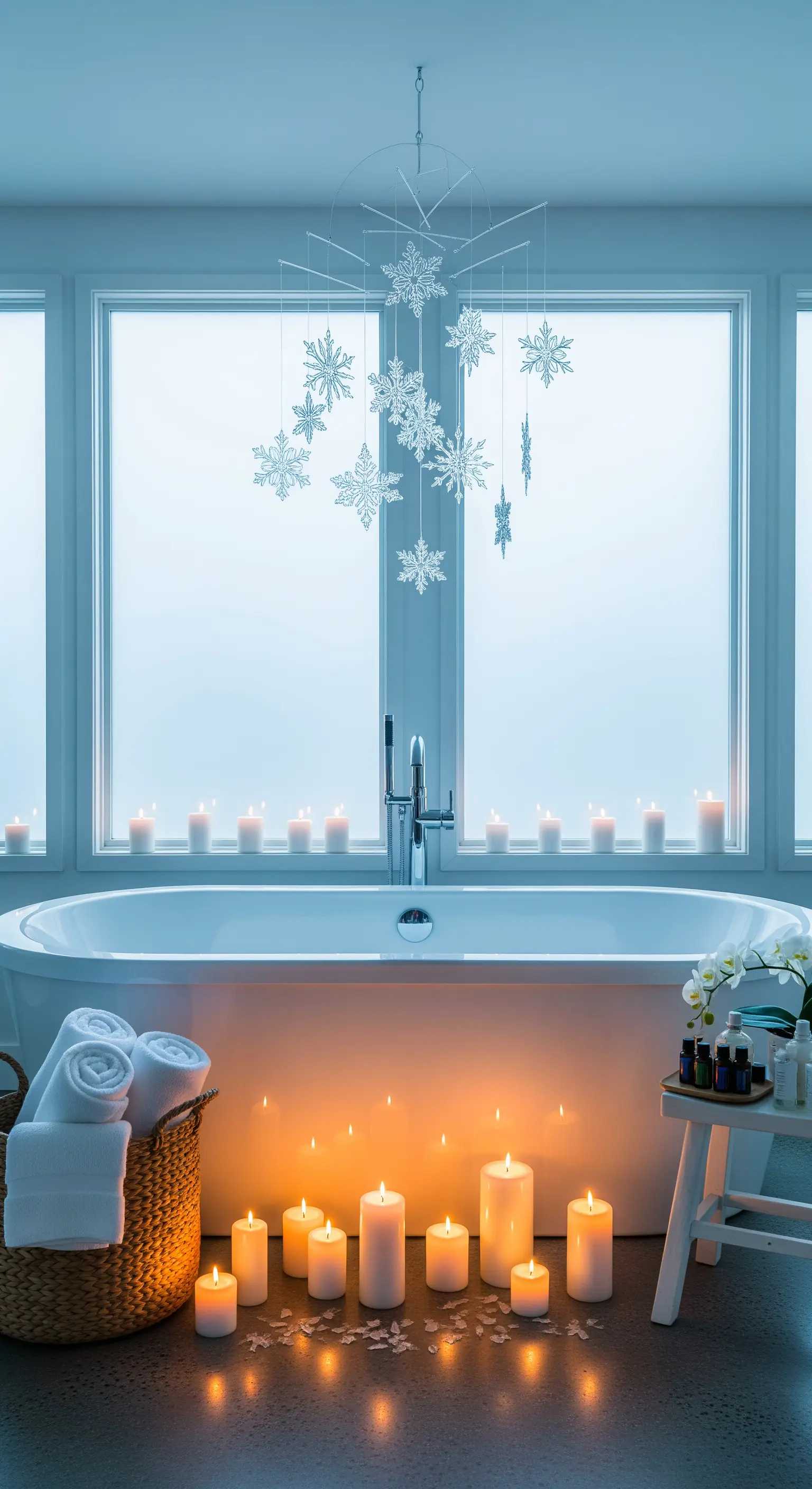 Badewanne mit Kerzen und hängendem Schneeflocken-Mobile