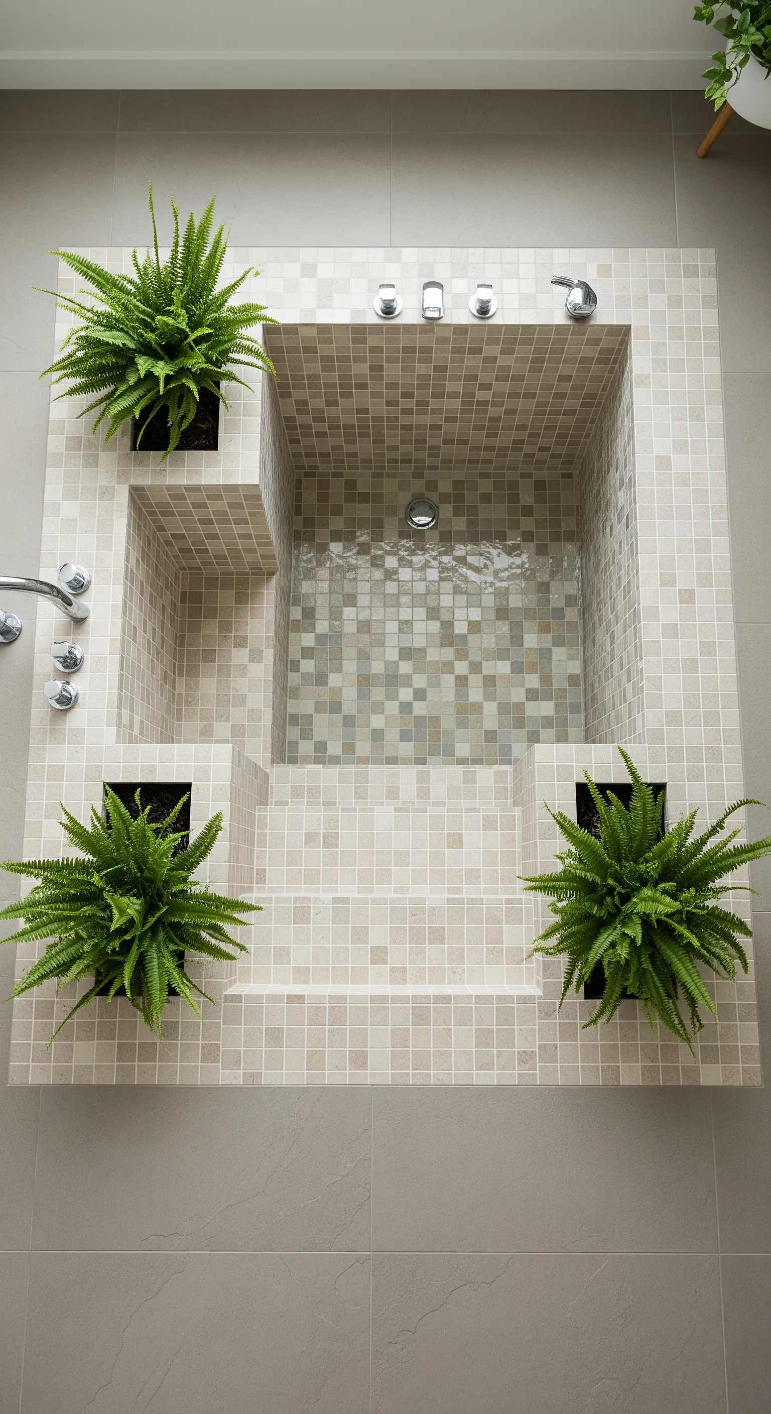 Quadratische Mosaik-Badewanne mit integrierten Farnen